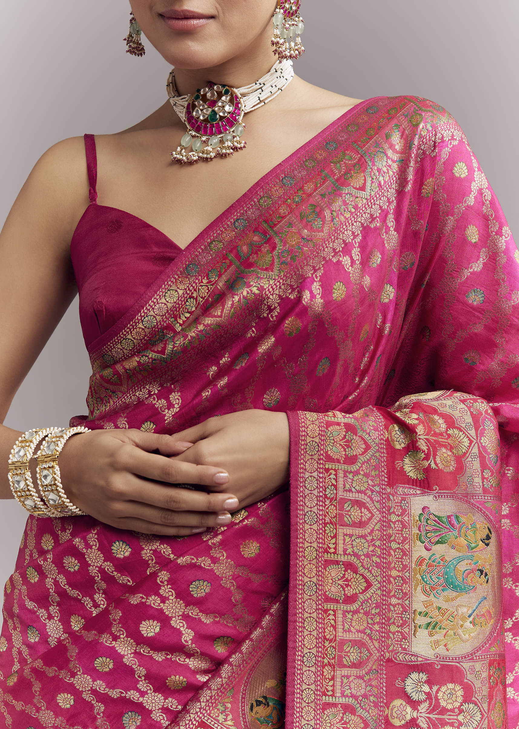 Pink Dola Silk Woven Saree With Delicate Hand Embroidery - Image 2