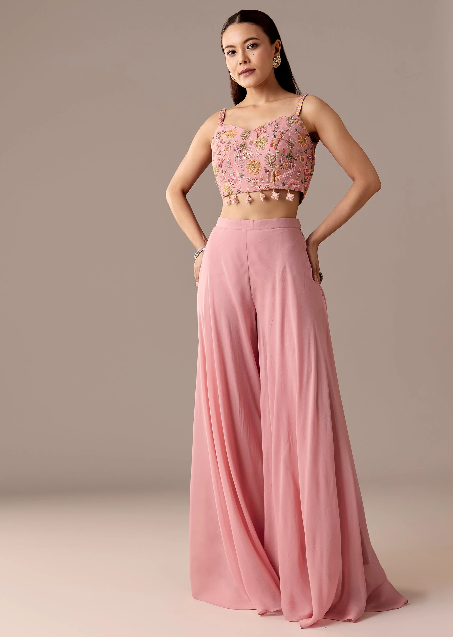 Pink Embellished Cape Palazzo Set - Image 6