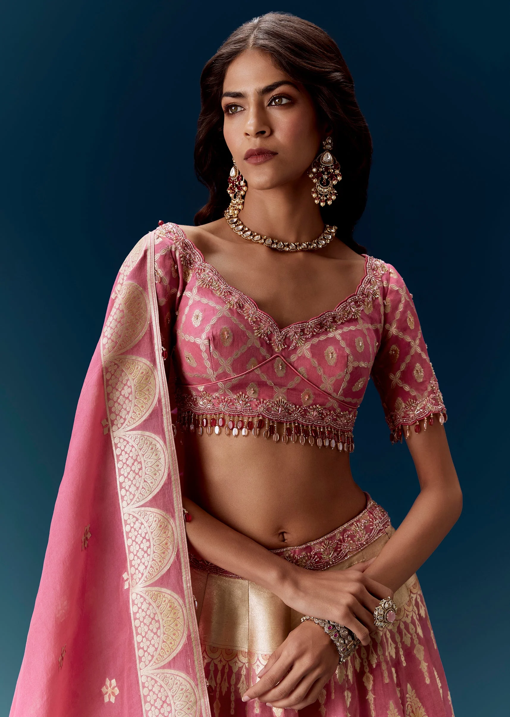 Pink Embroidered Bridal Lehenga With Dupatta - Image 3