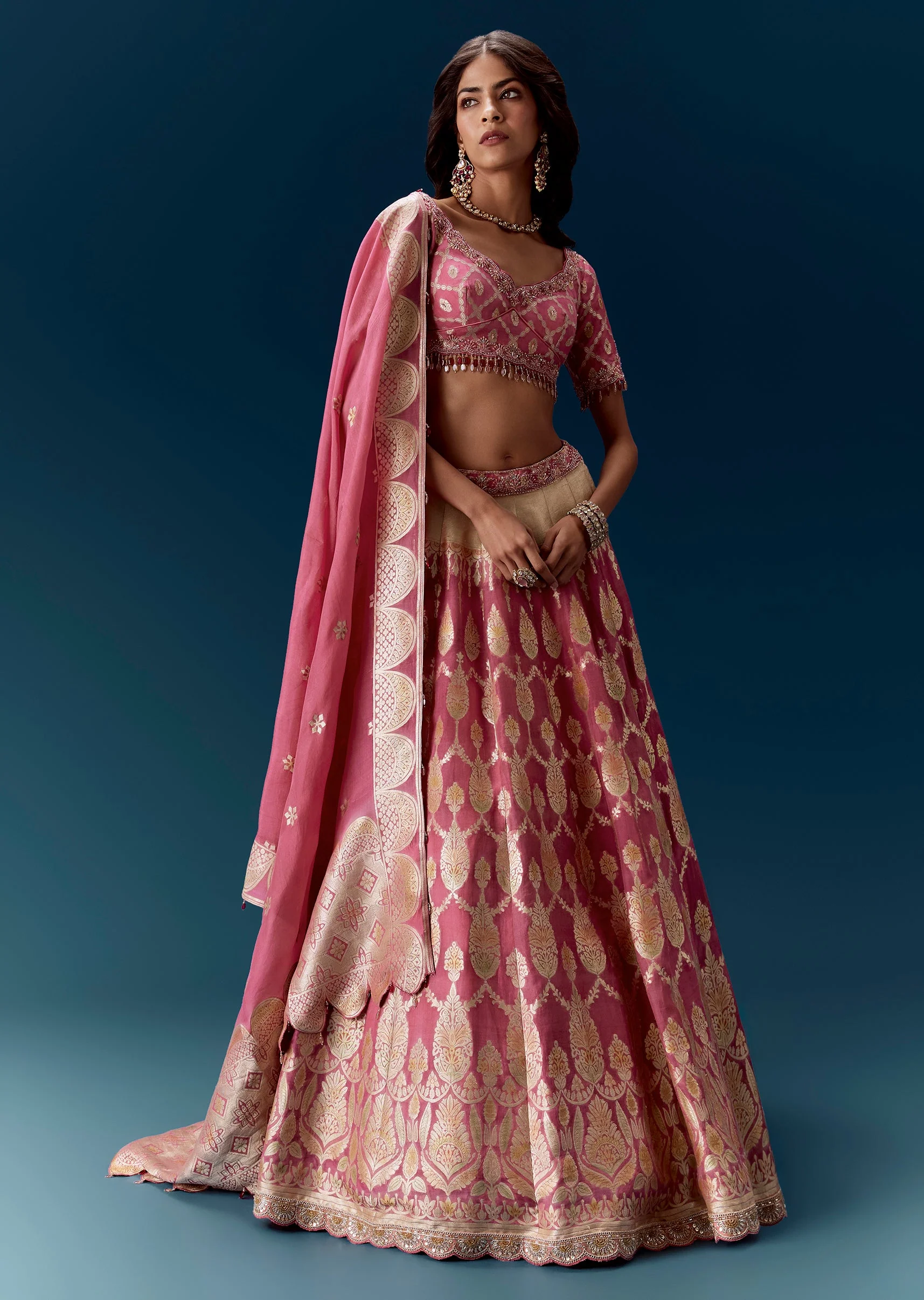Pink Embroidered Bridal Lehenga With Dupatta - Image 4
