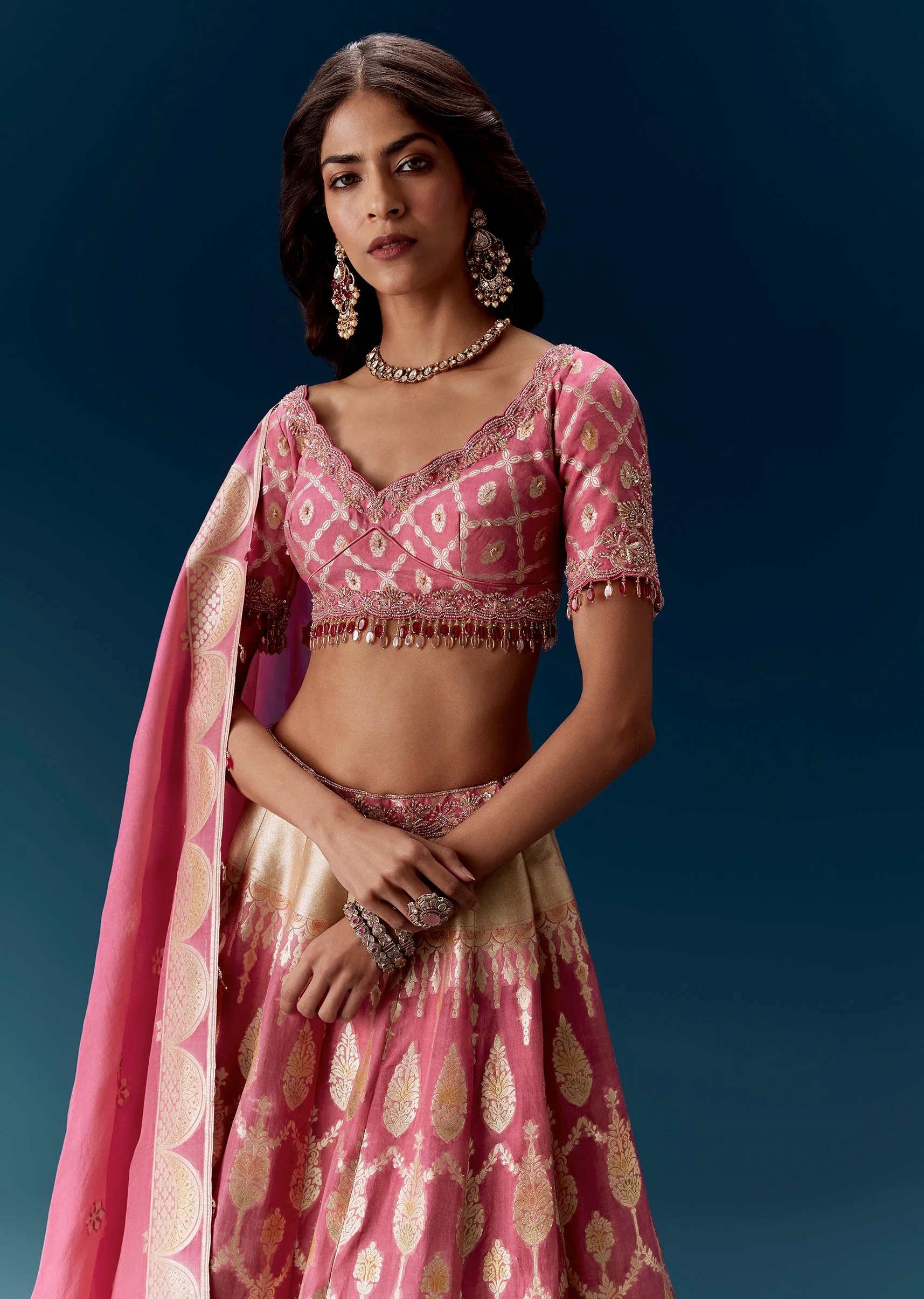 Pink Embroidered Bridal Lehenga With Dupatta - Image 5