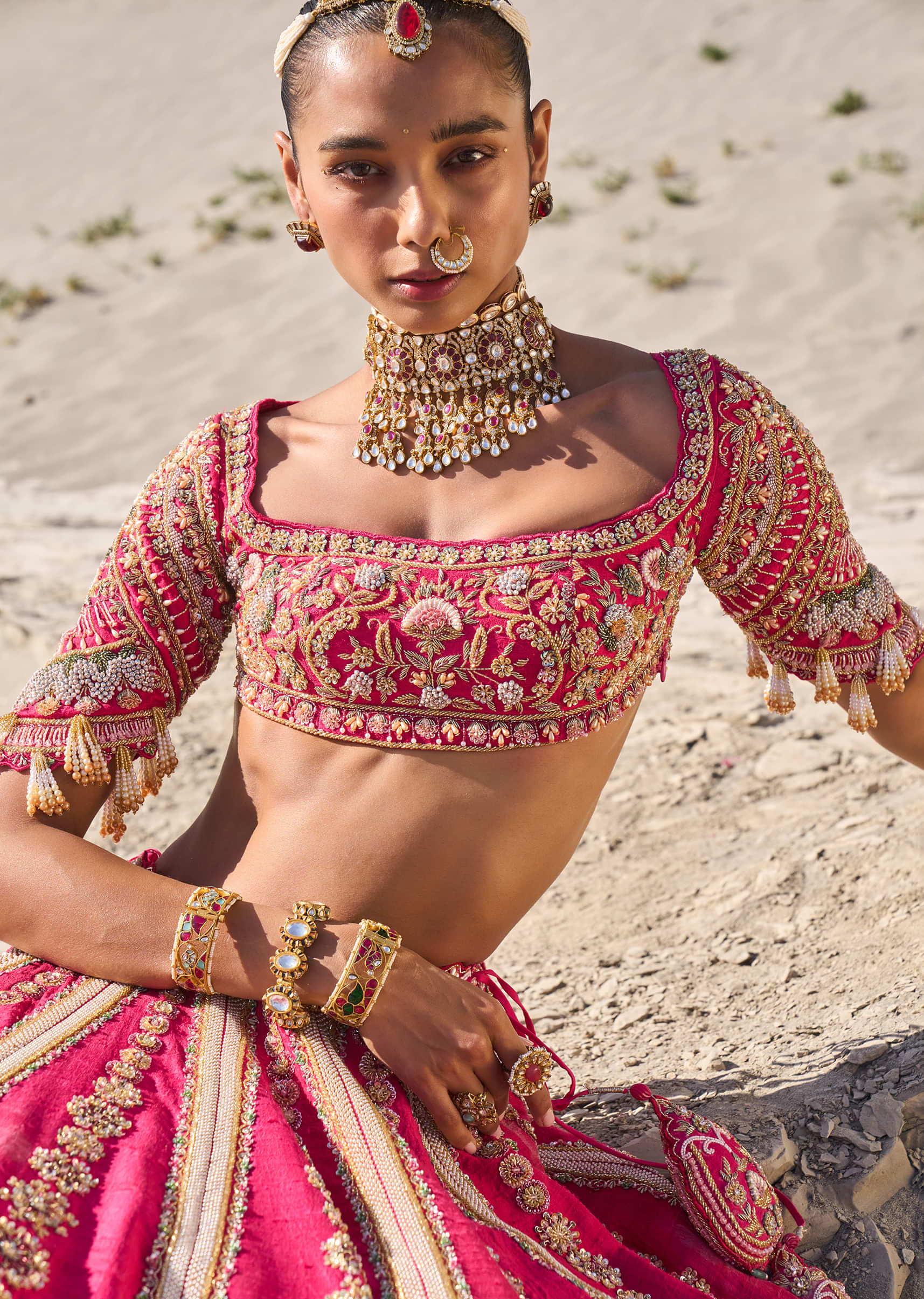 Pink Embroidered Bridal Lehenga With Two Dupattas - Image 2