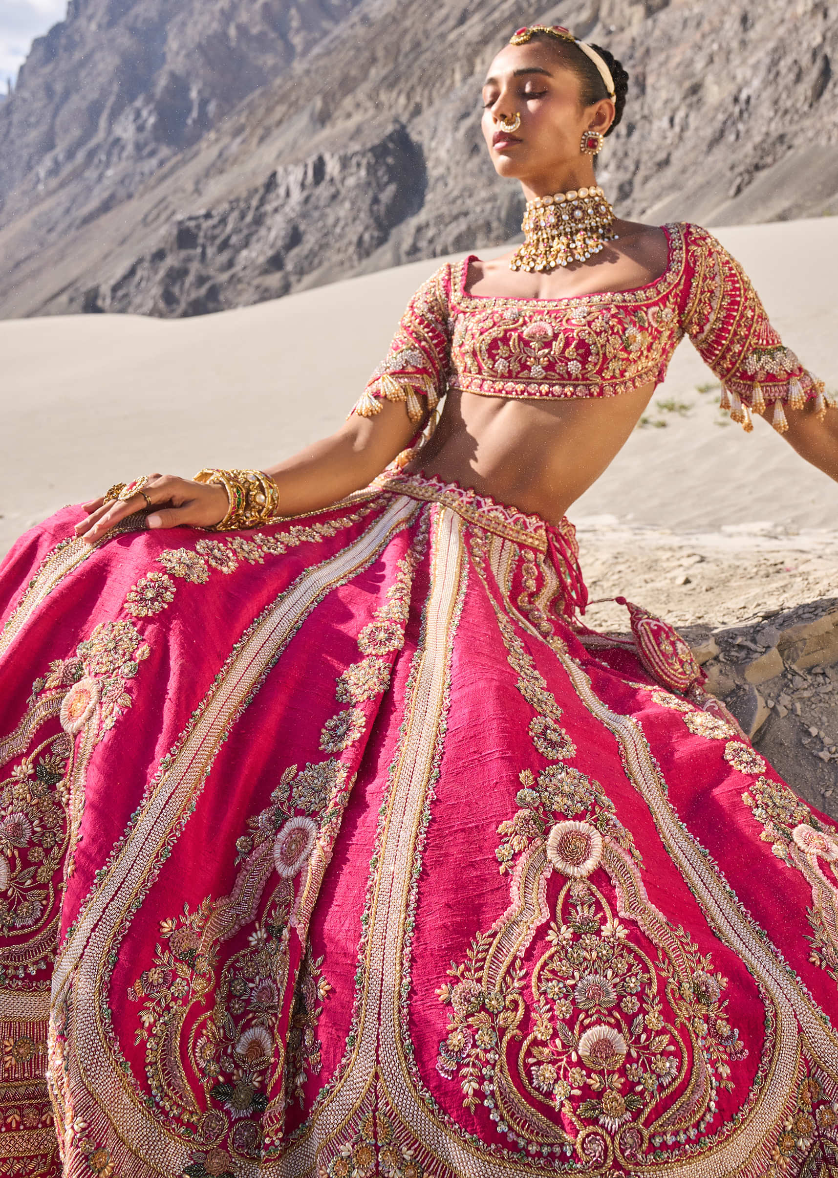 Pink Embroidered Bridal Lehenga With Two Dupattas - Image 3