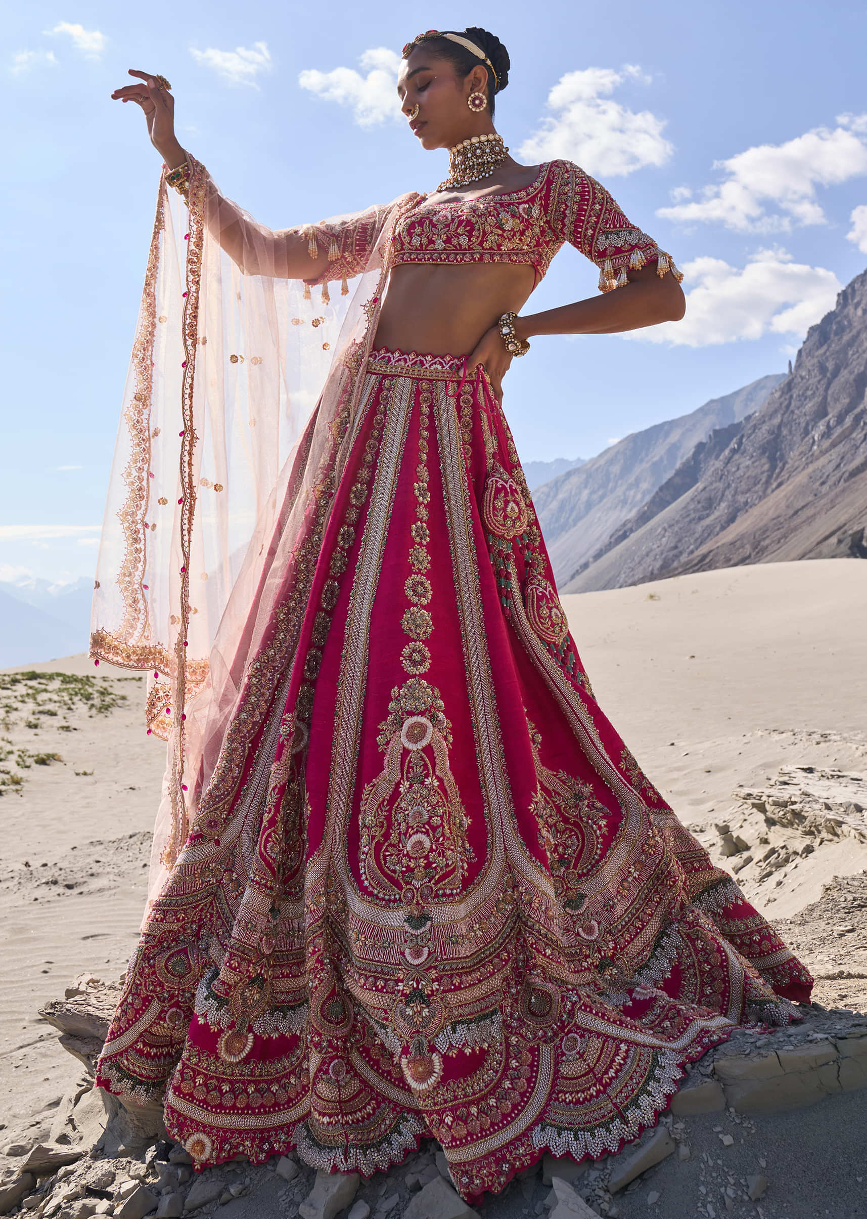 Pink Embroidered Bridal Lehenga With Two Dupattas - Image 5