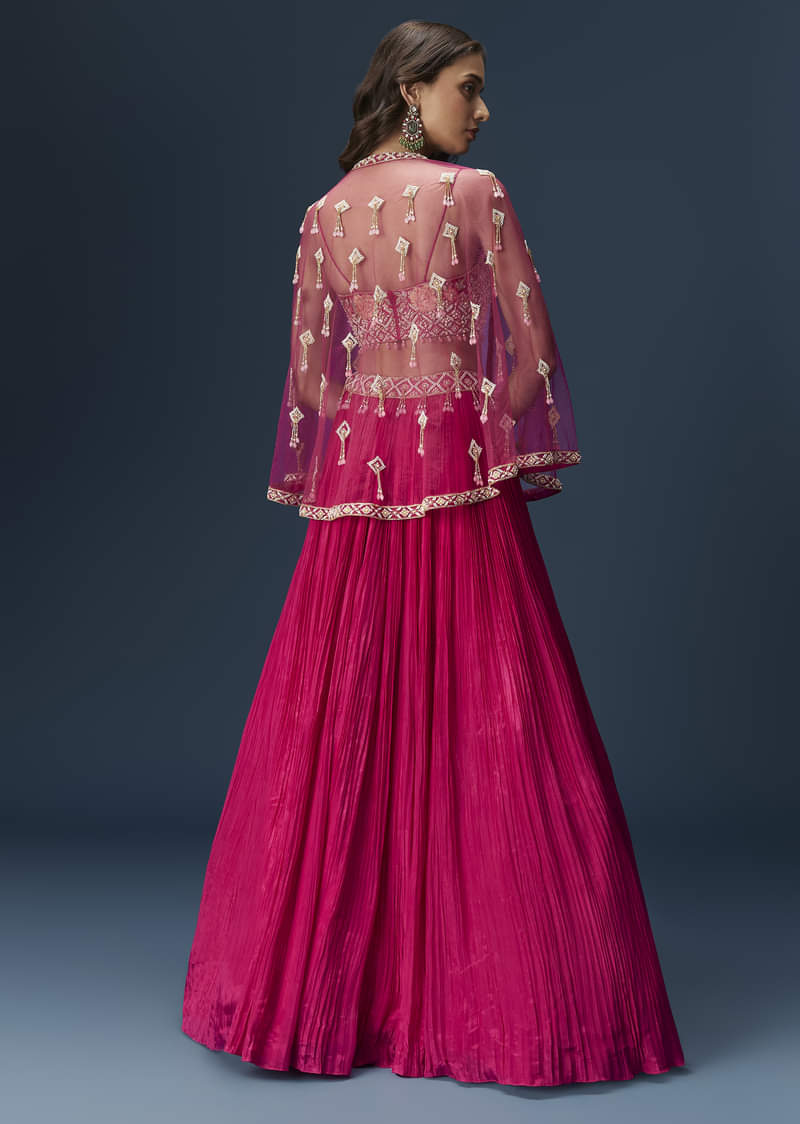 Pink Embroidered Bridesmaid Lehenga With Coordinated Cape And Blouse - Image 3