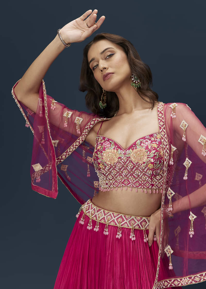 Pink Embroidered Bridesmaid Lehenga With Coordinated Cape And Blouse - Image 4