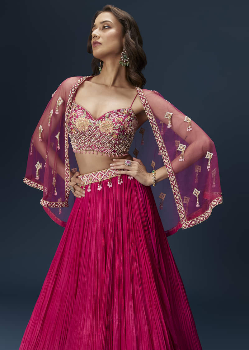 Pink Embroidered Bridesmaid Lehenga With Coordinated Cape And Blouse - Image 5