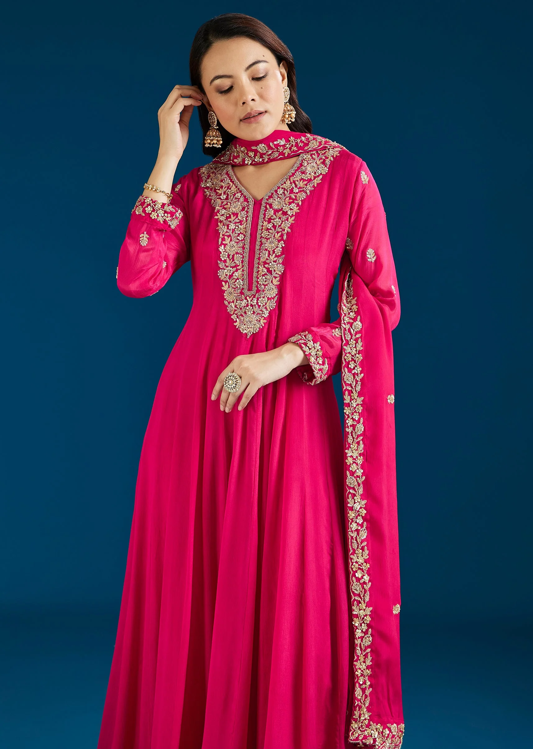 Pink Embroidered Chinon Anarkali Suit With Dupatta - Image 4