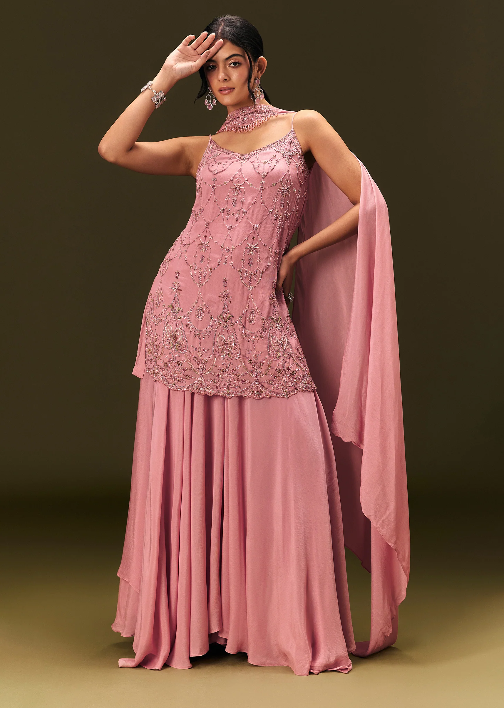 Pink Embroidered Chinon Kurti With Flared Pant And Choker Dupatta - Image 2