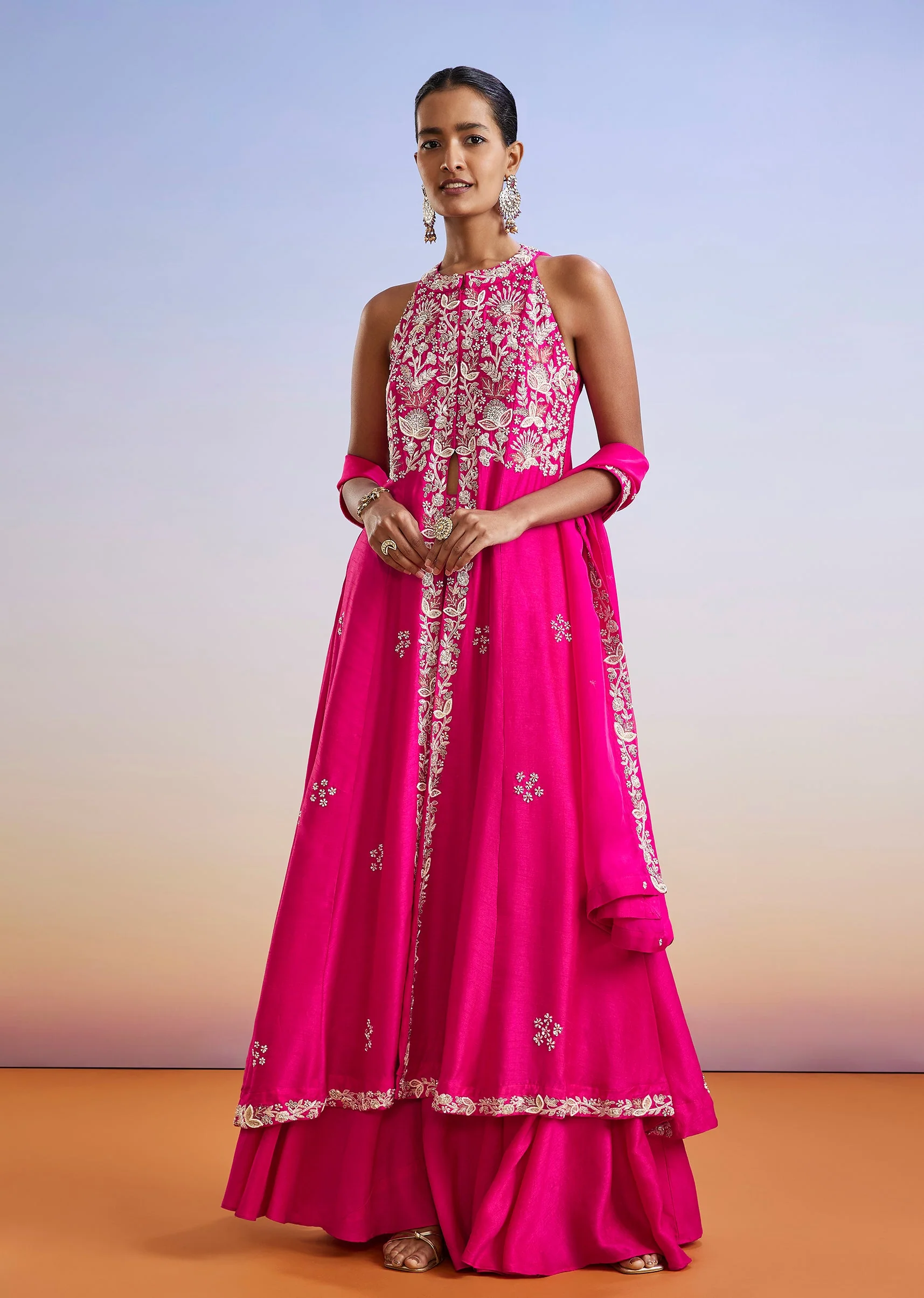 Pink Embroidered Front Slit Anarkali Suit With Dupatta - Image 3