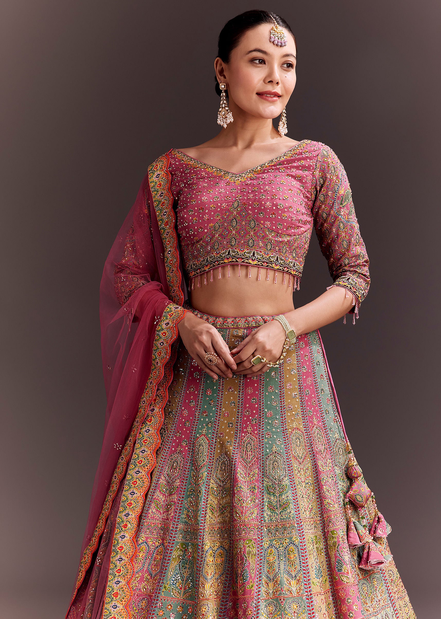 Pink Embroidered Lehenga Set With Net dupatta - Image 2
