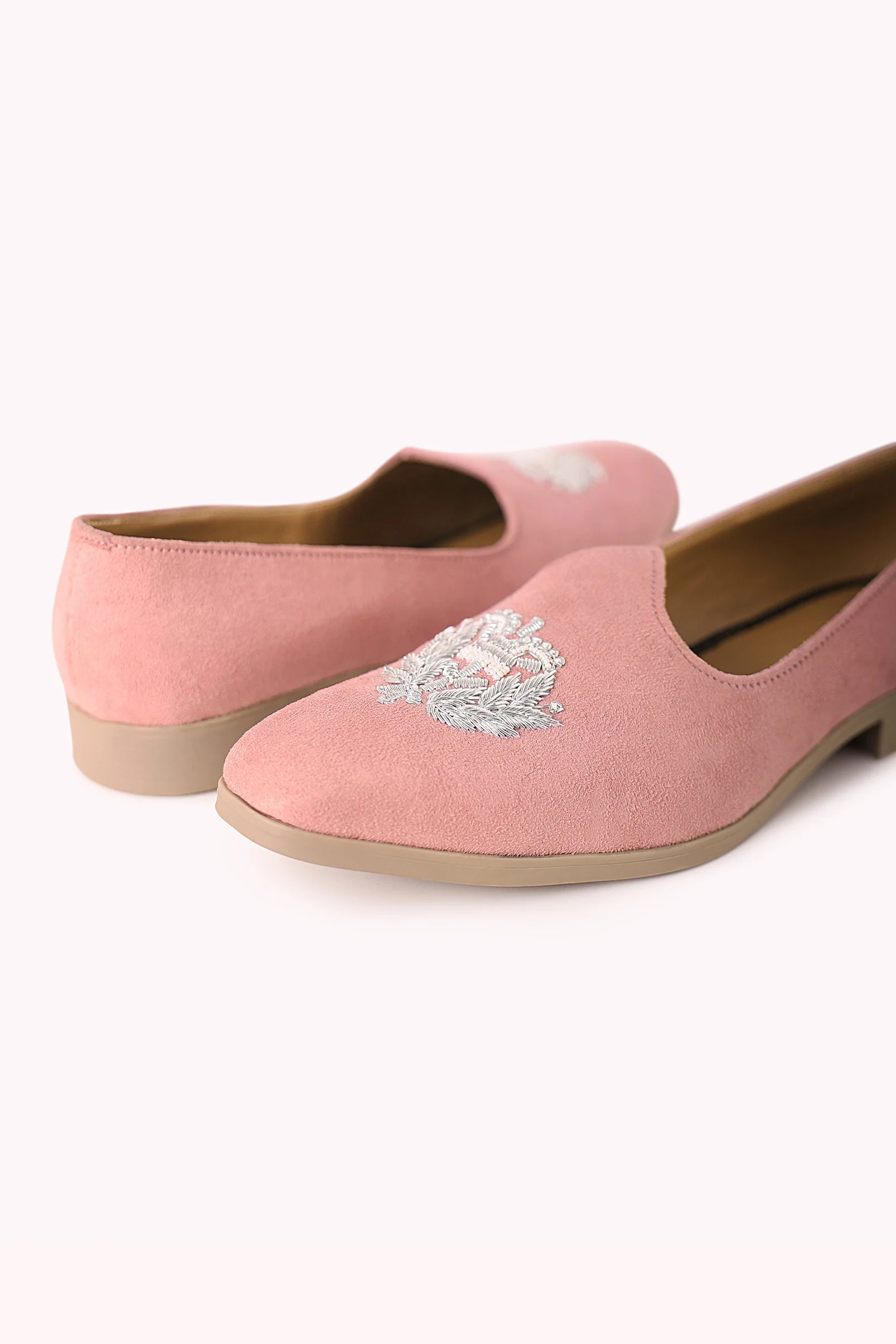 Pink Embroidered Juttis In Velvet - Image 2
