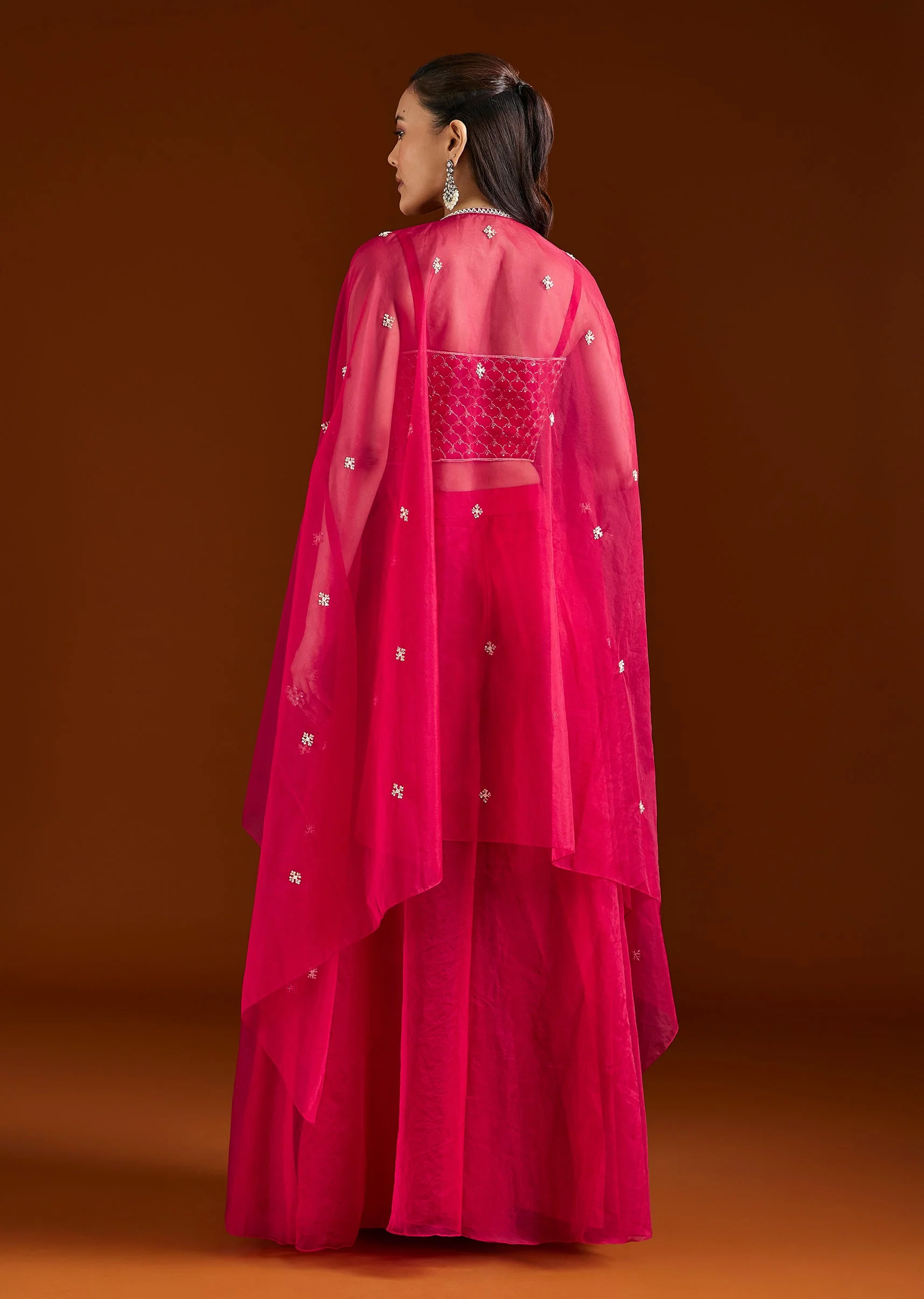 Pink Embroidered Organza Cape Palazzo Set - Image 5