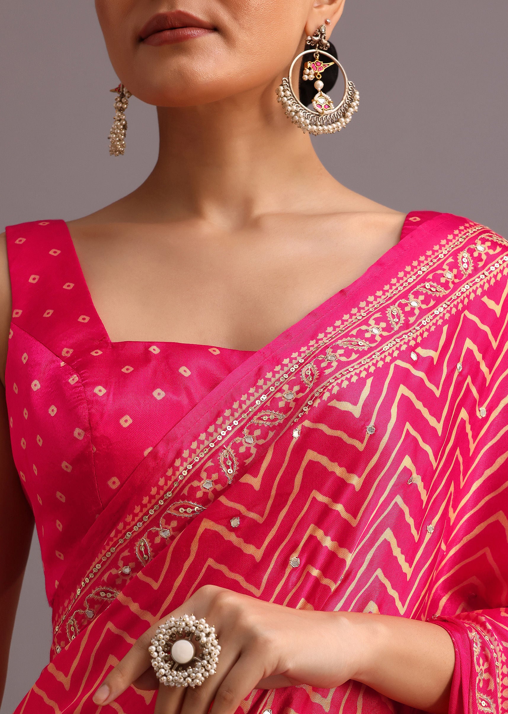 Pink Embroidered Satin Ajrakh Block Print Saree With Mirror Work - Image 2