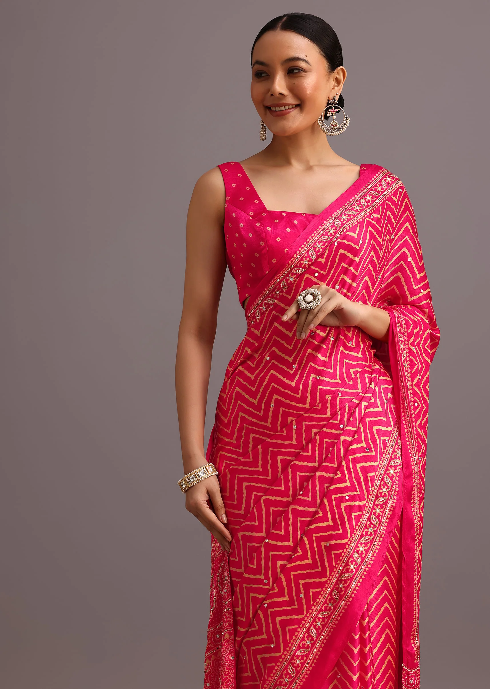 Pink Embroidered Satin Ajrakh Block Print Saree With Mirror Work - Image 5