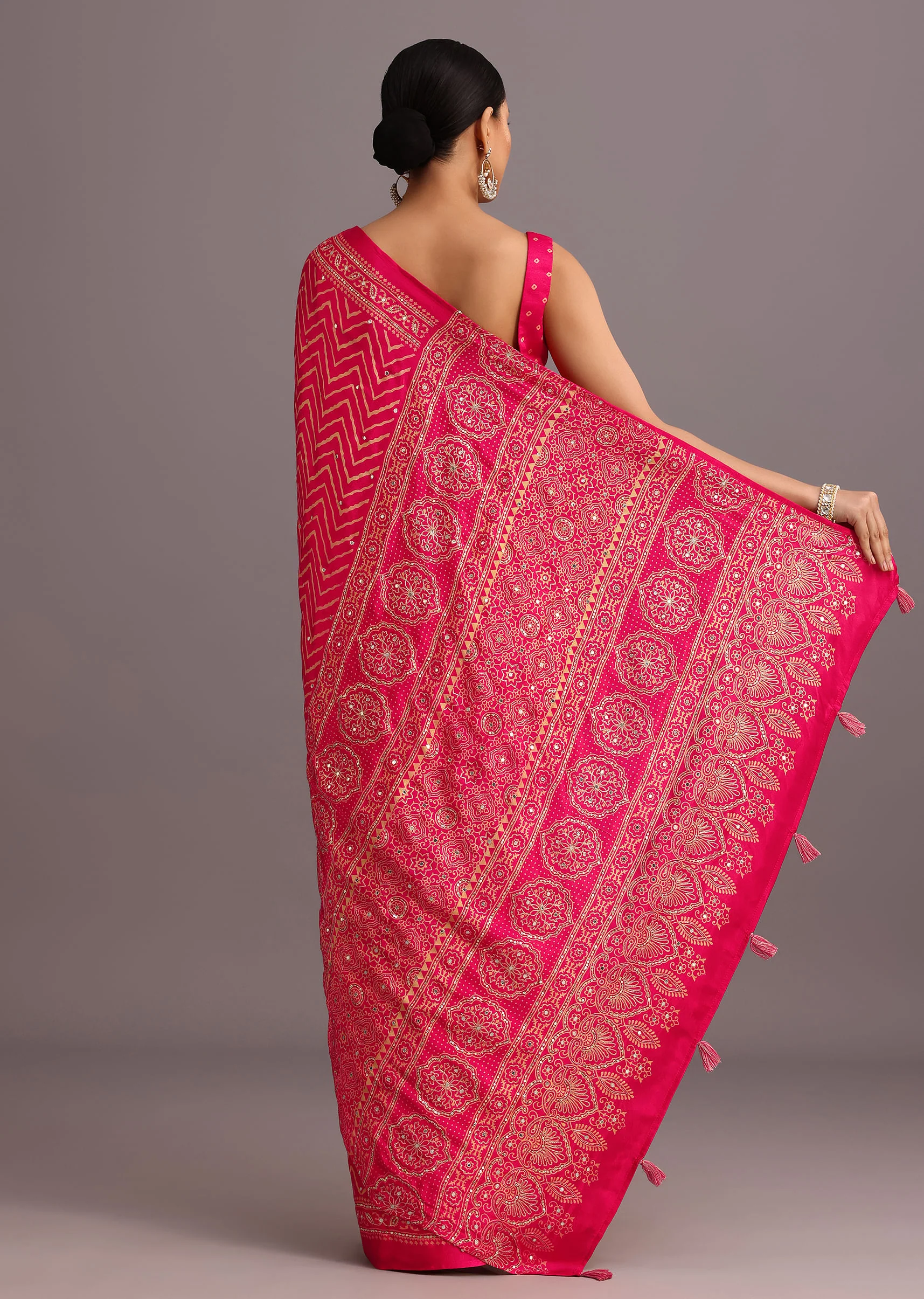 Pink Embroidered Satin Ajrakh Block Print Saree With Mirror Work - Image 6