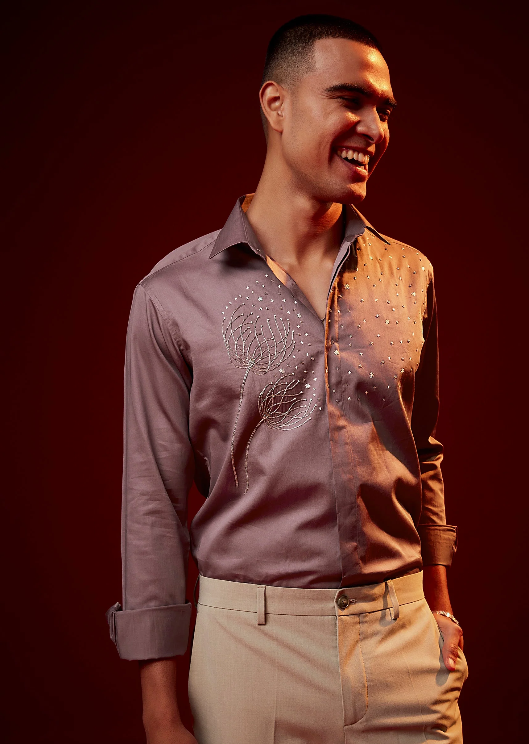Pink Embroidered Silk Blend Mandarin Collar Shirt - Image 3