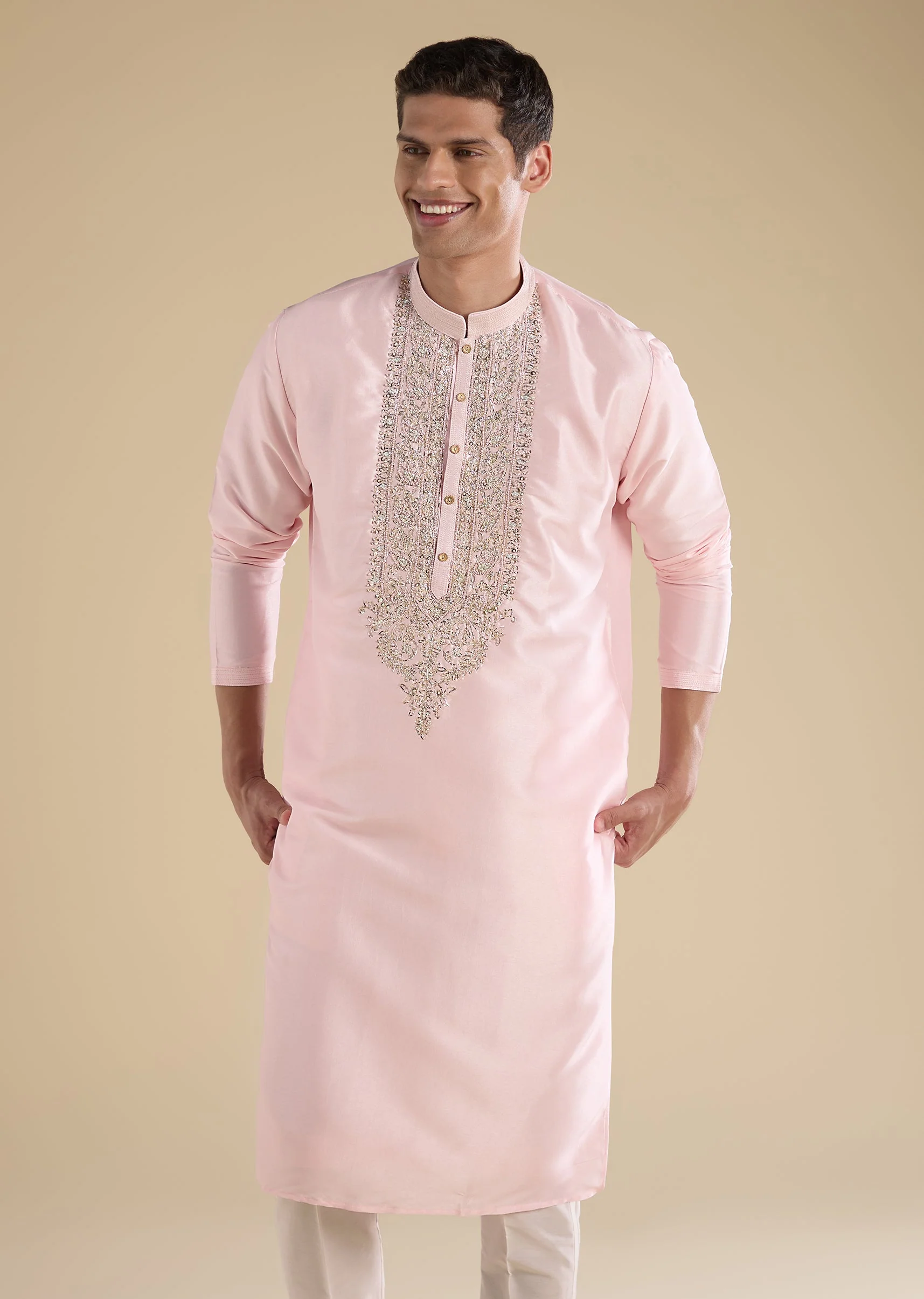 Pink Embroidered Silk Kurta Set - Image 3