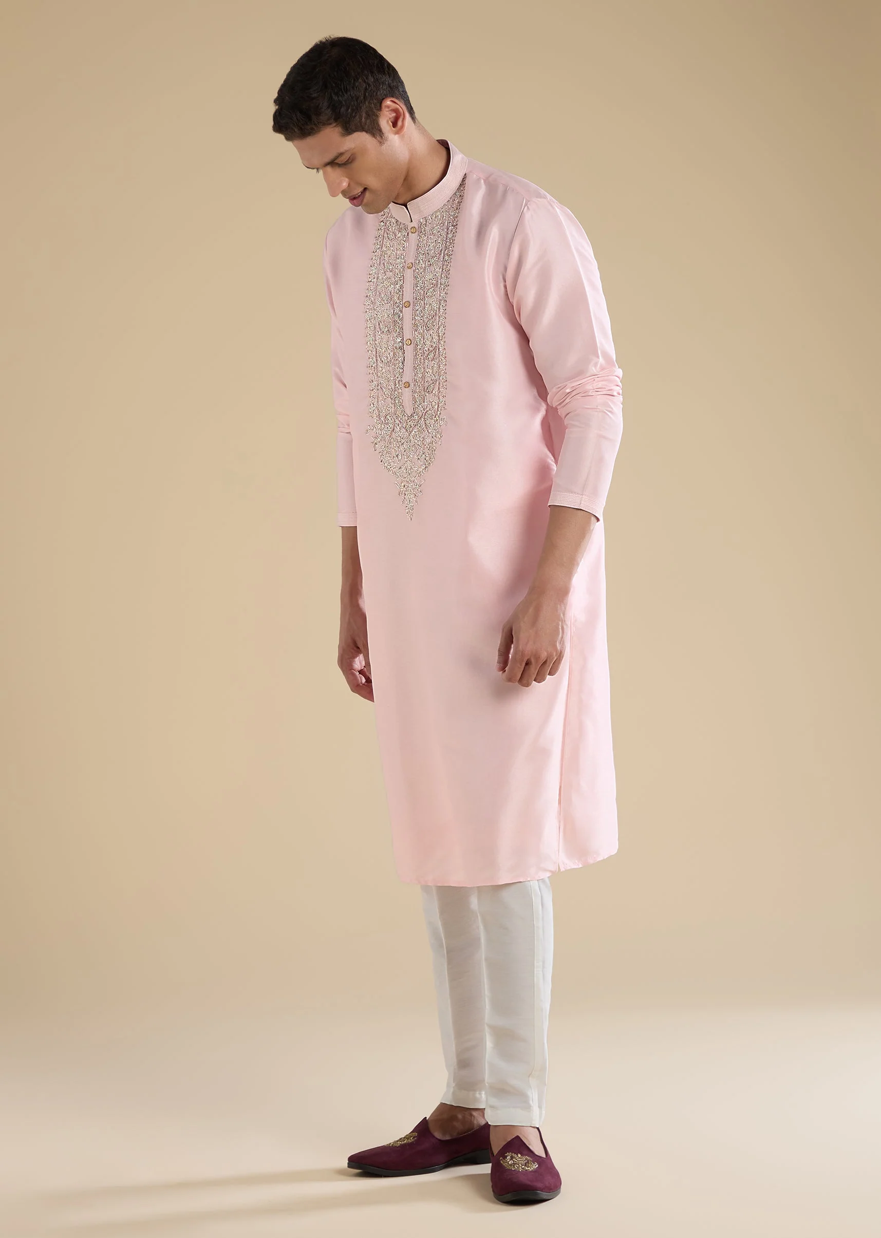 Pink Embroidered Silk Kurta Set - Image 4