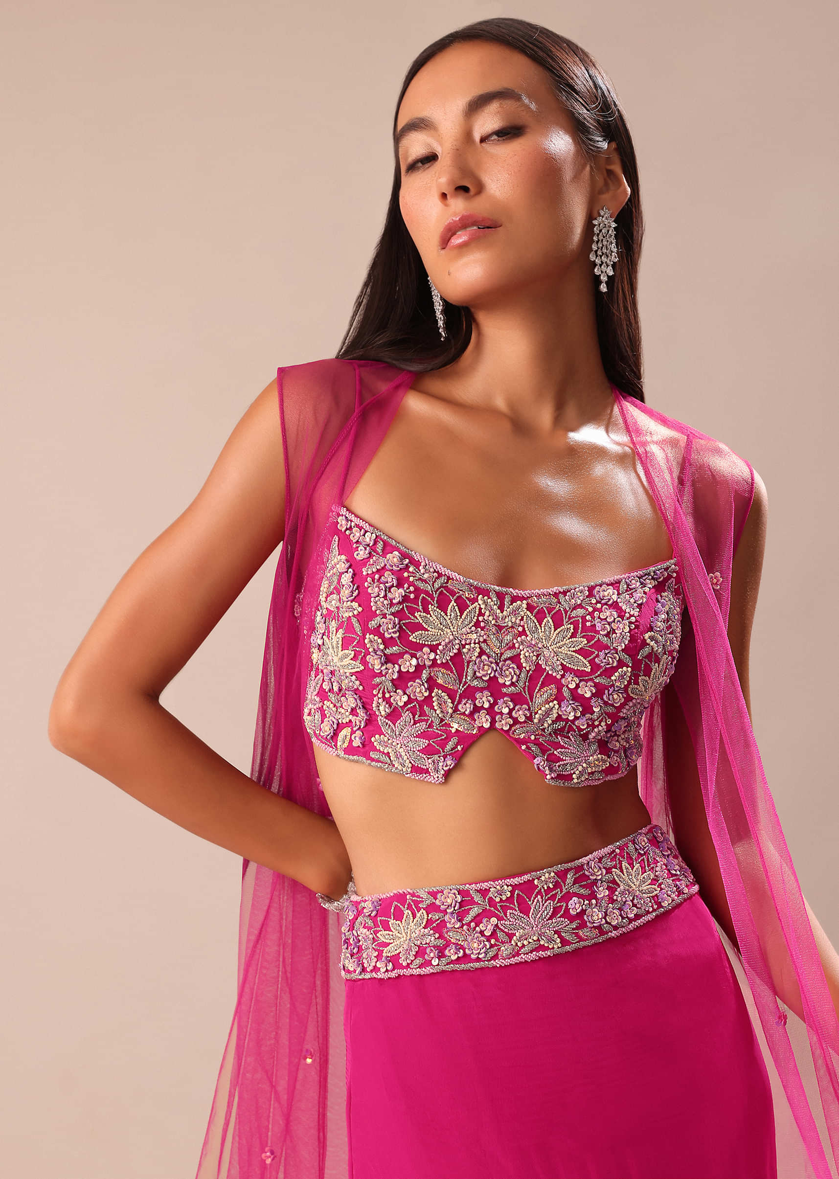 Pink Fishcut Skirt With Hand Embroidered Blouse And Jacket - Image 4