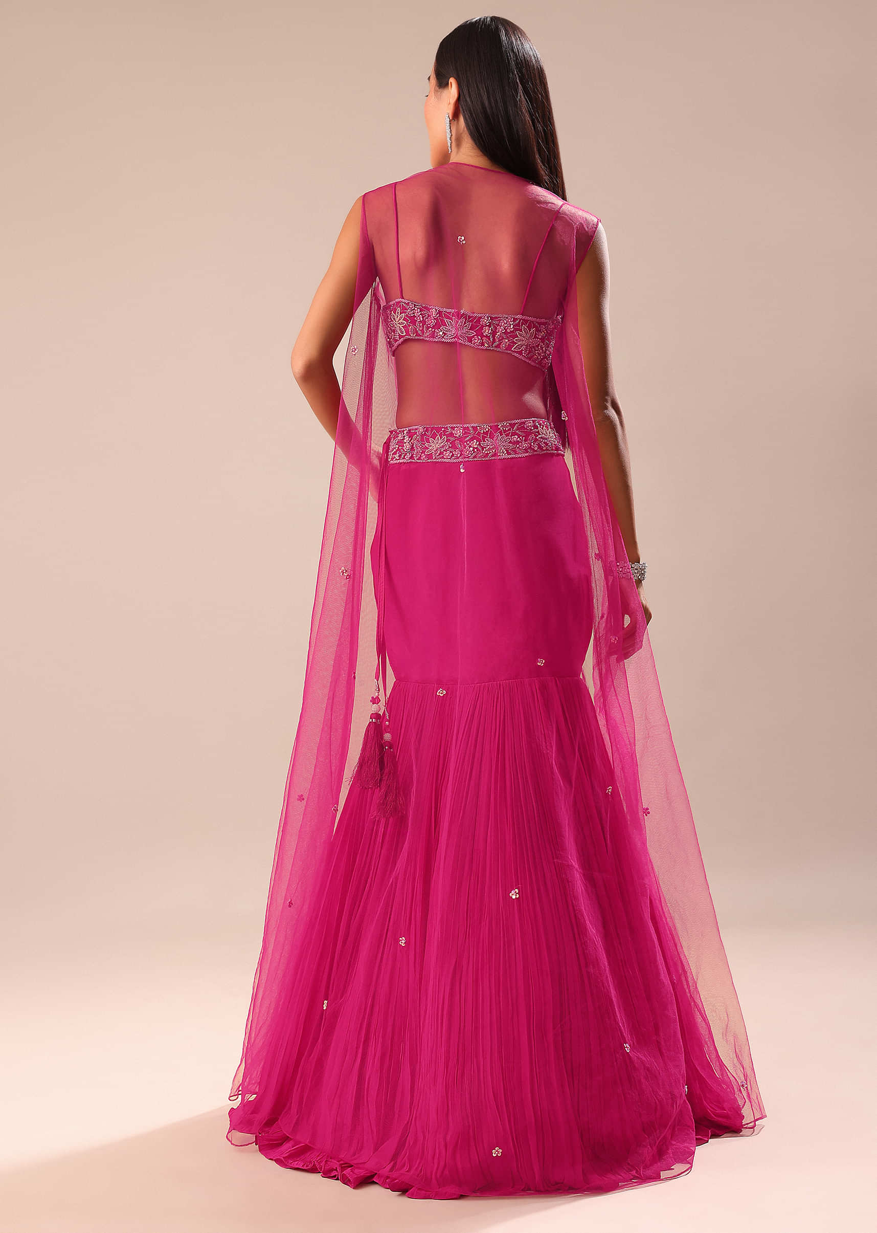 Pink Fishcut Skirt With Hand Embroidered Blouse And Jacket - Image 5