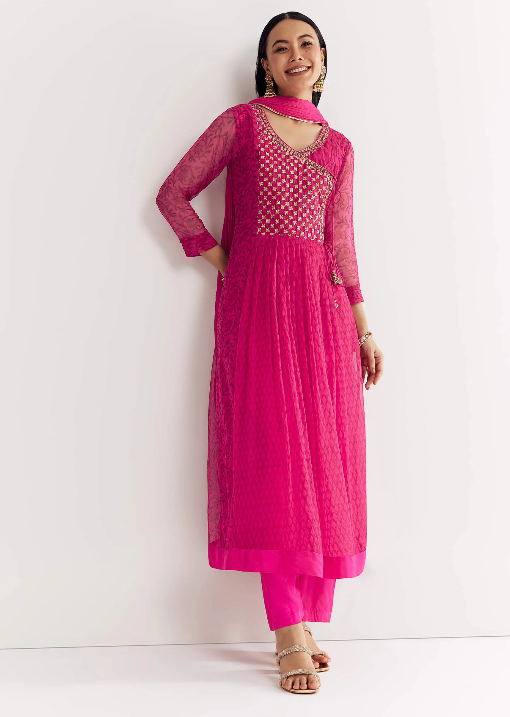 Pink Floral Chiffon Anarkali Kurta Set With Dupatta - Image 2