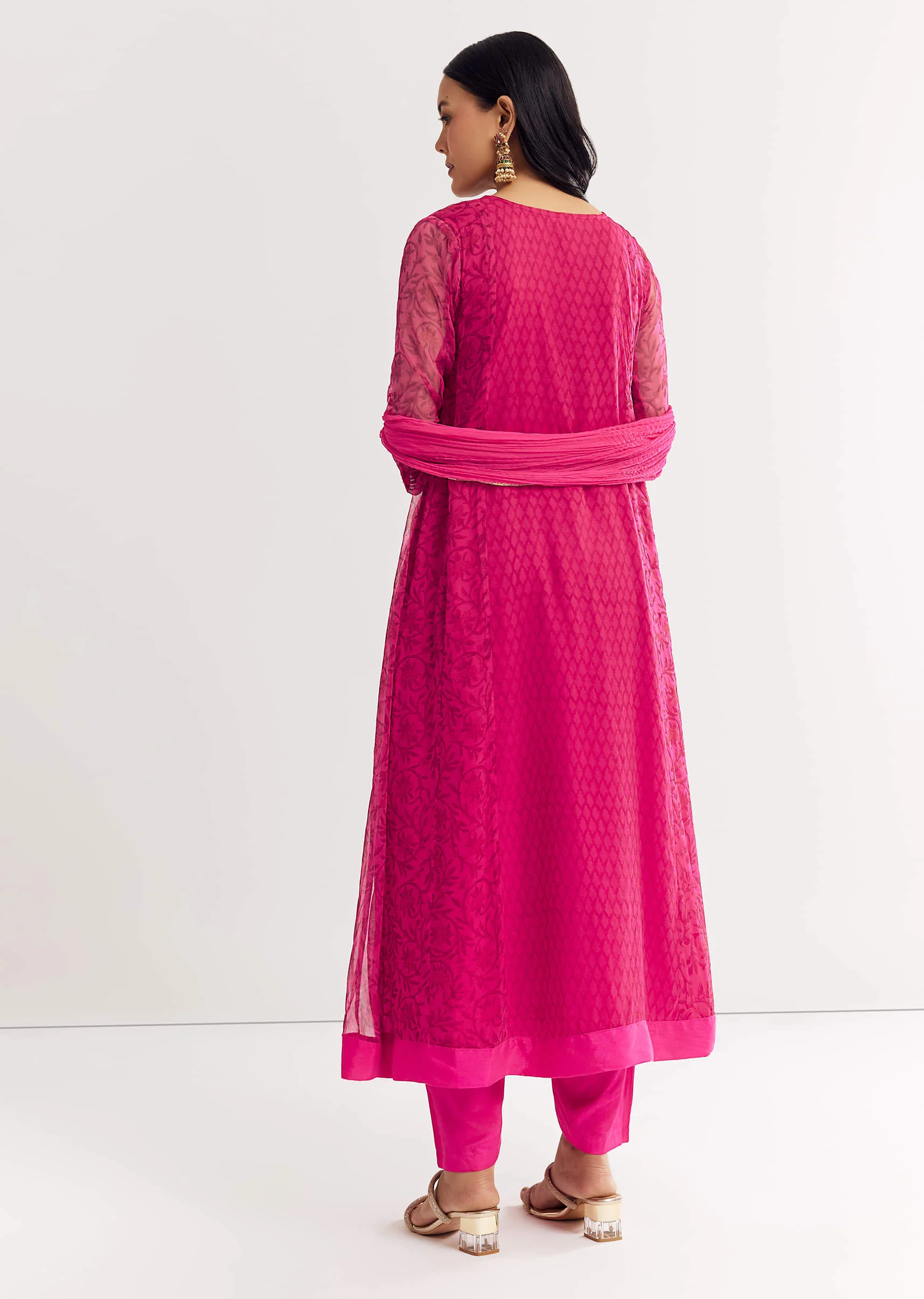 Pink Floral Chiffon Anarkali Kurta Set With Dupatta - Image 5