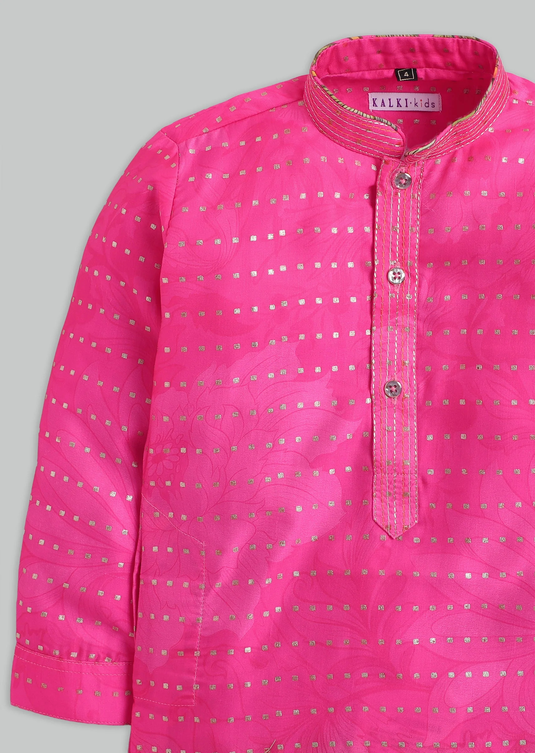 Pink Floral Foil Kurta Set For Boys - Image 5