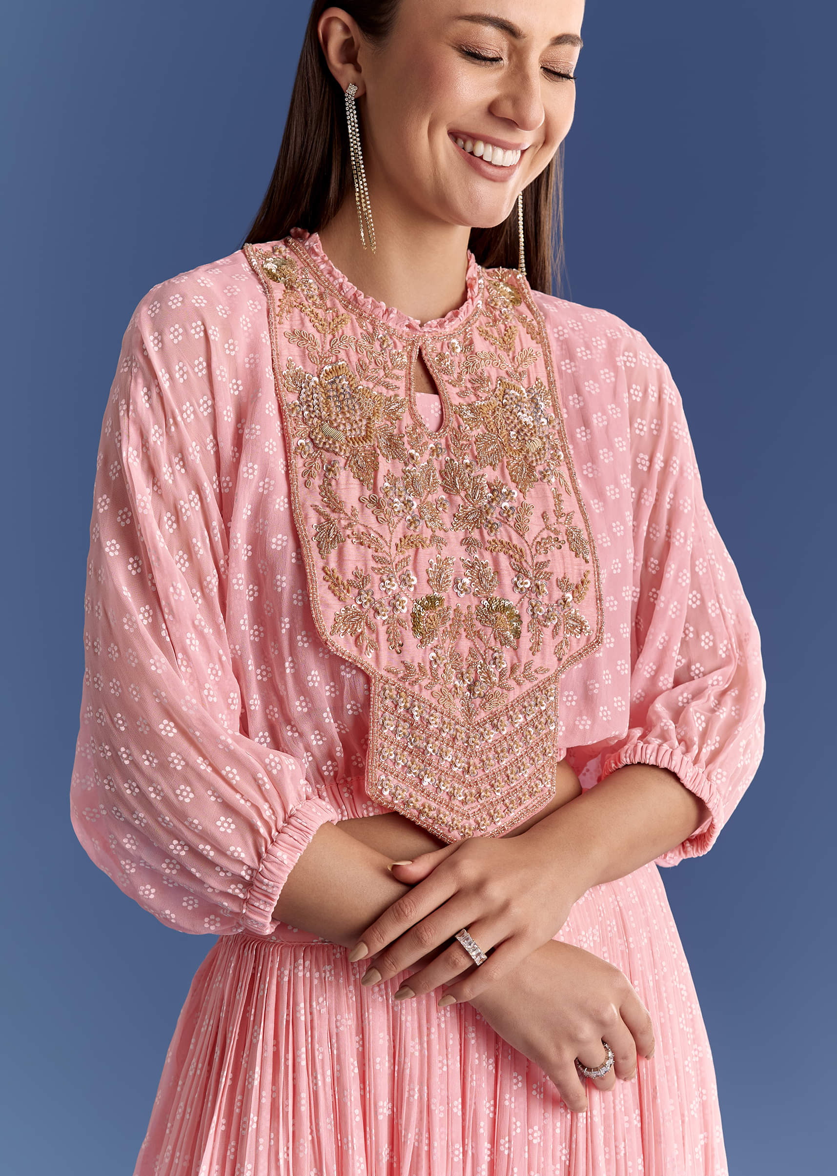 Pink Floral Georgette Lehenga Set With Zardosi Croptop - Image 3