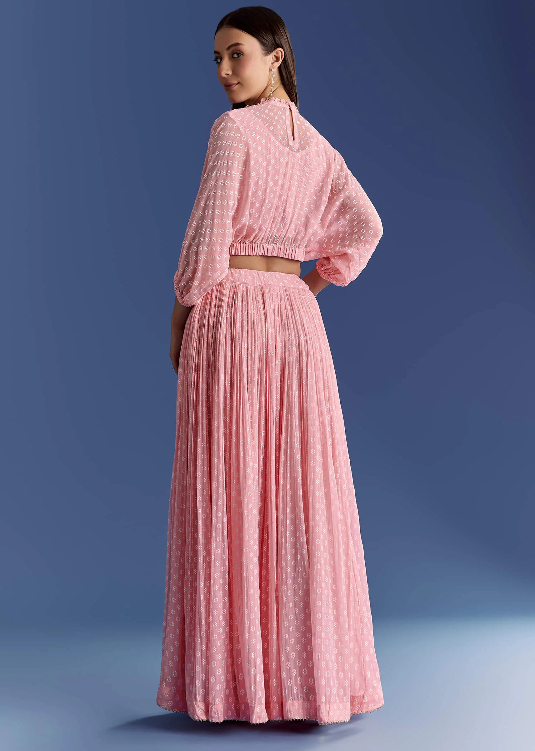 Pink Floral Georgette Lehenga Set With Zardosi Croptop - Image 5