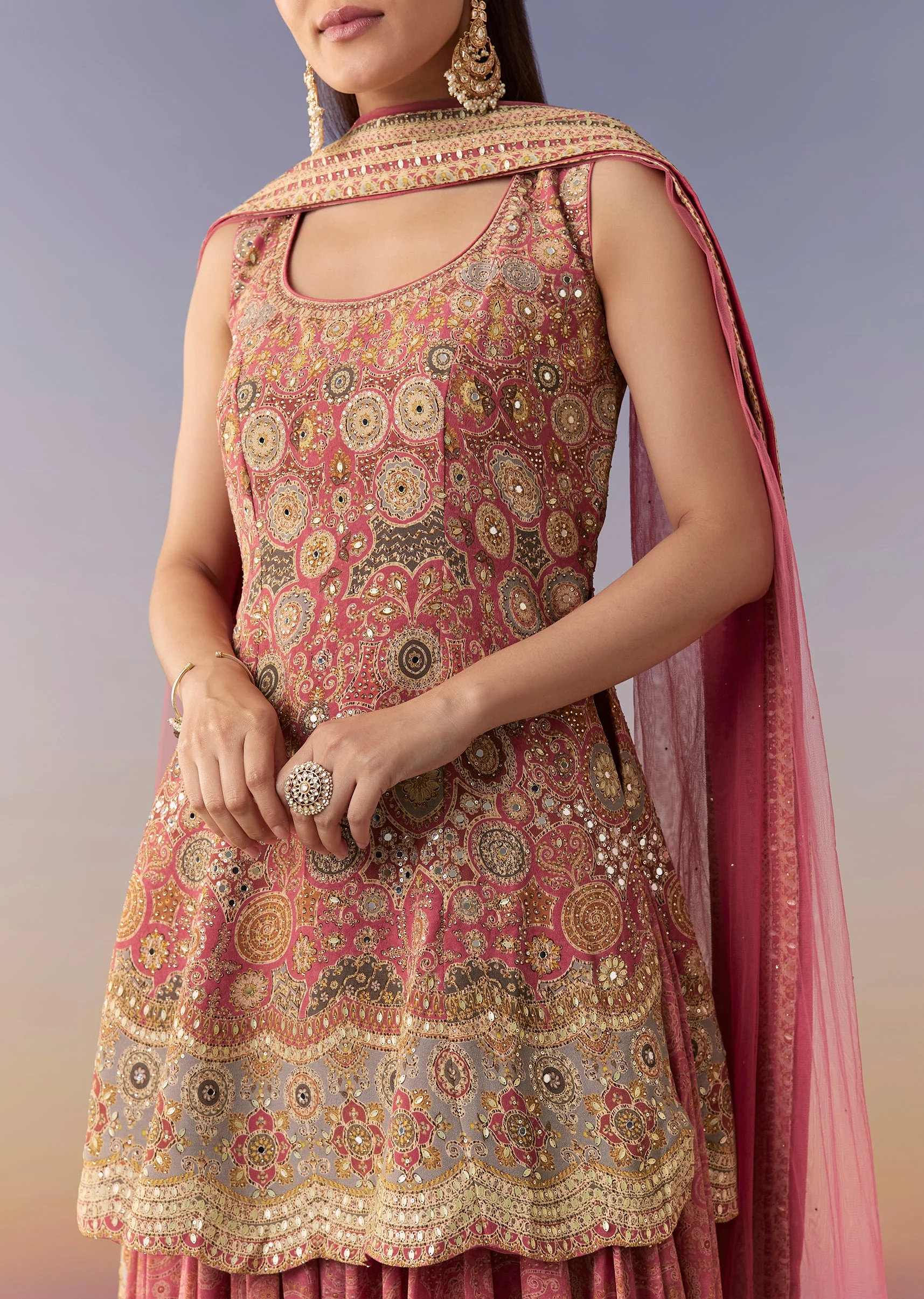 Pink Floral Printed Palazzo Set With Dupatta - Image 2