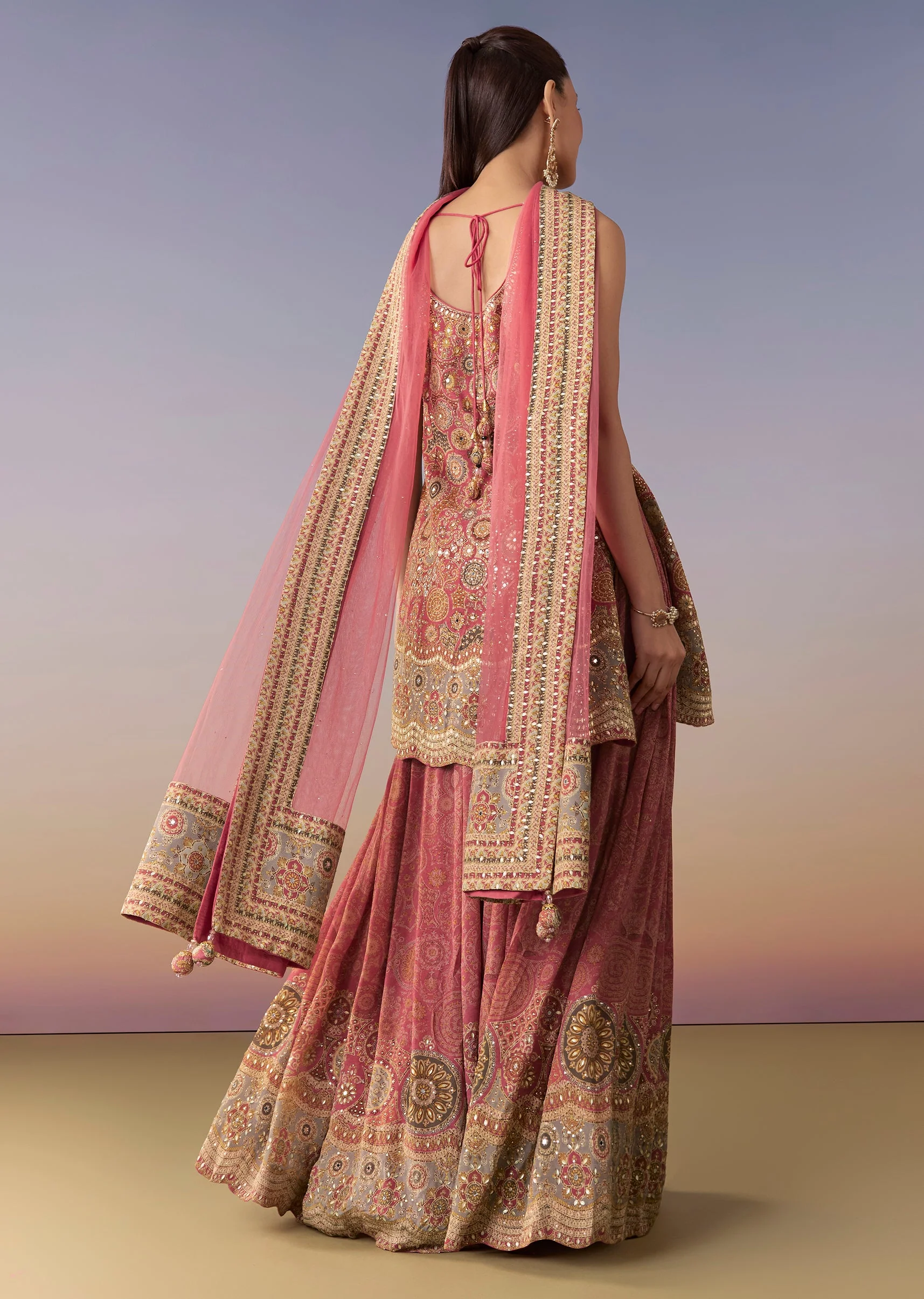 Pink Floral Printed Palazzo Set With Dupatta - Image 5