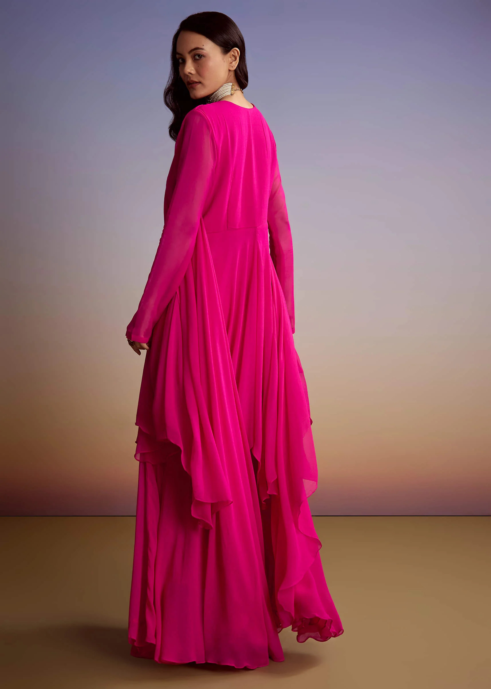 Pink Georgette Indo Western Set With Zari And Sequins Work - Image 5