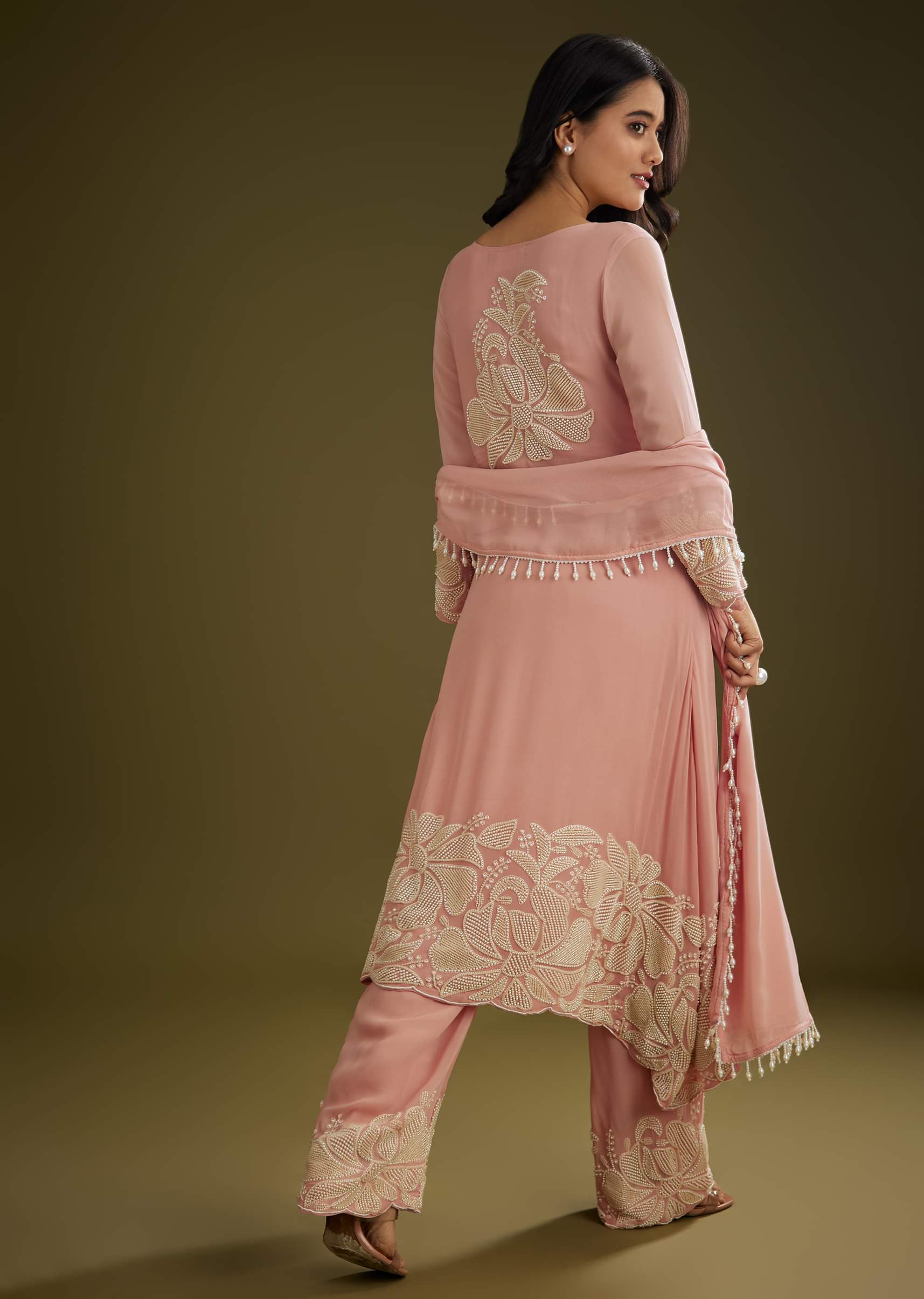 Pink Georgette Moti Work Asymmetrical Kurta Set With Tassels Bordered Dupatta - Image 5