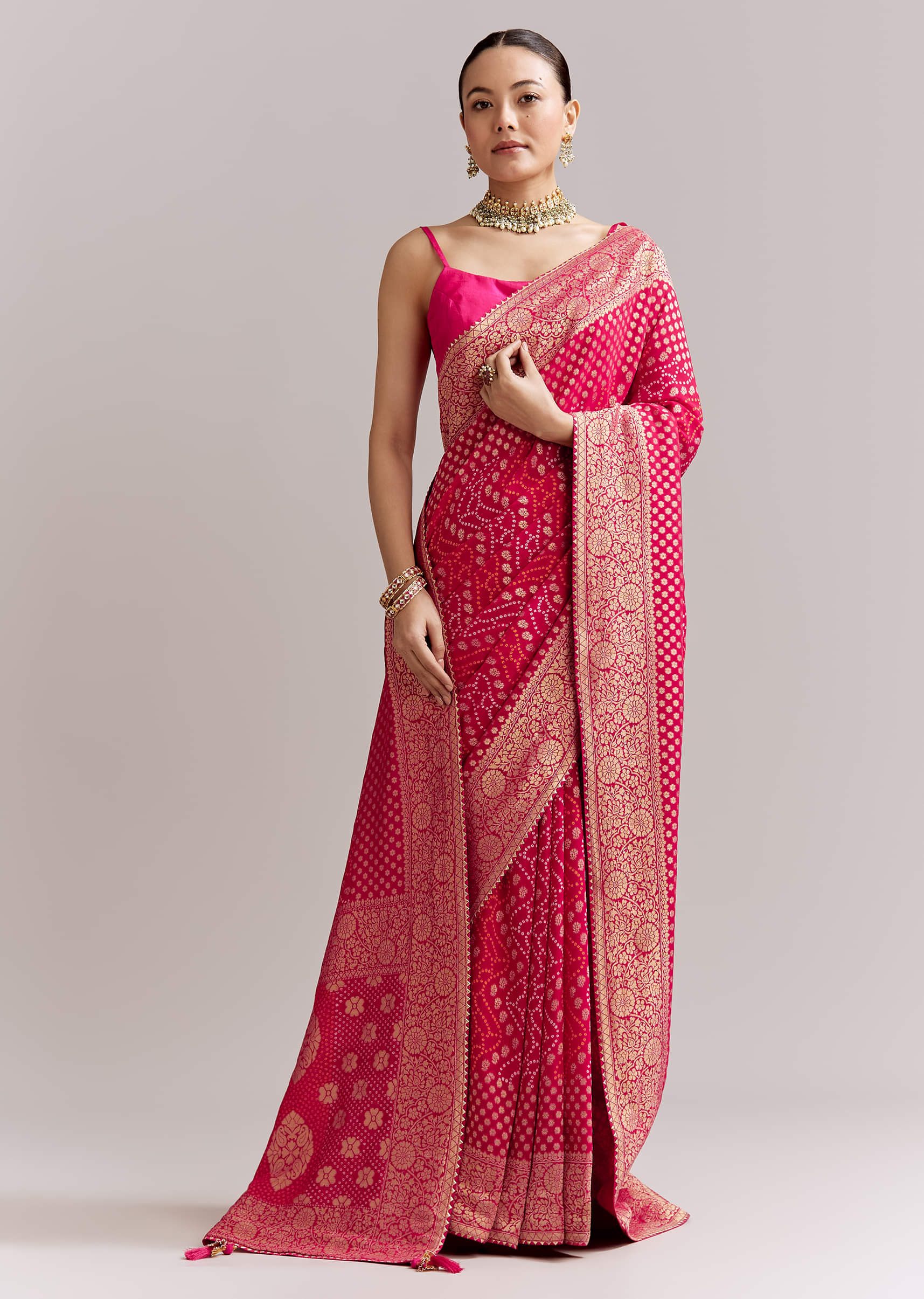 Pink Georgette Woven Saree With Floral Border And Bandhani Print