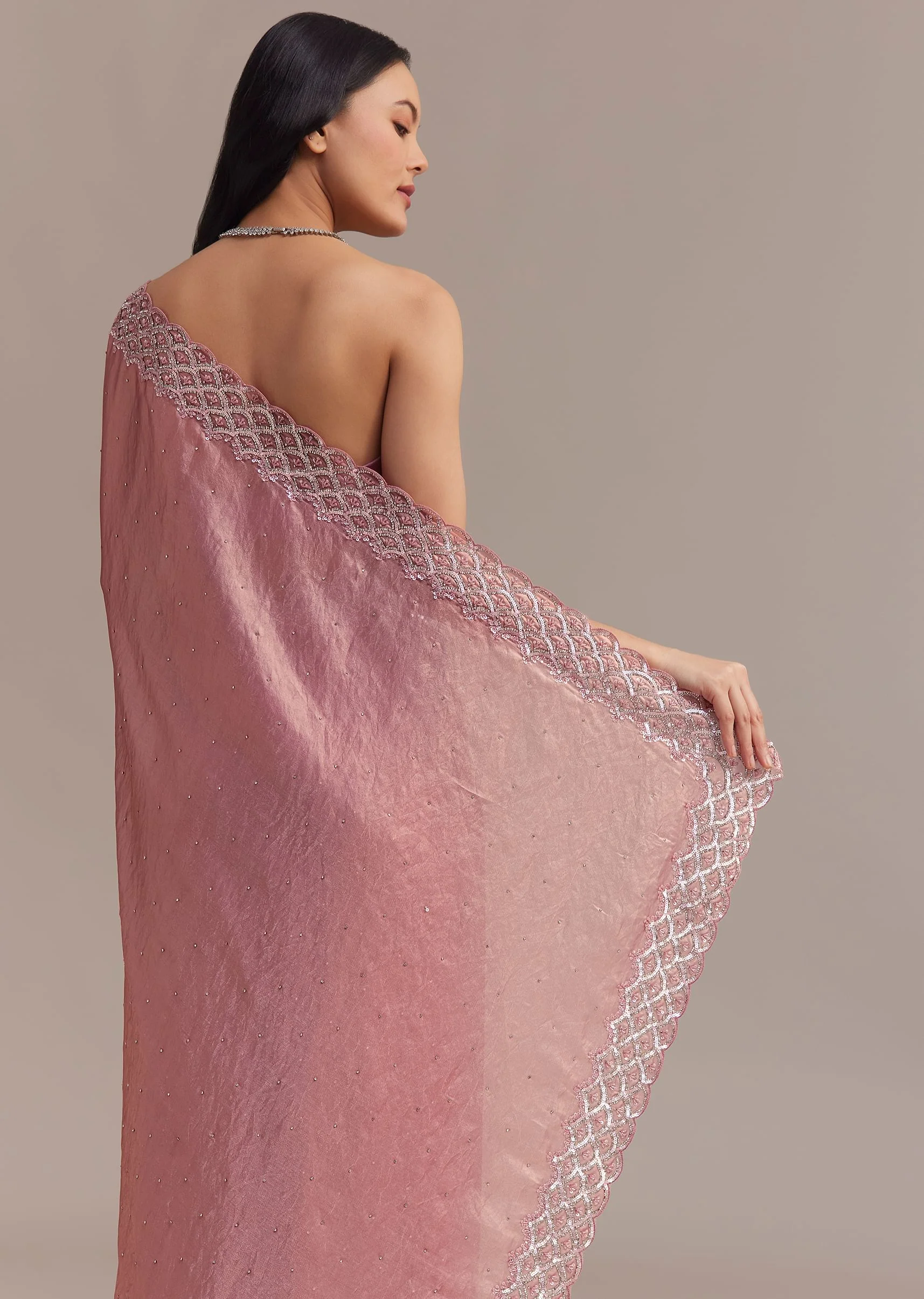 Pink Glass Tissue Saree With Sequins And Moti Embroidered Border - Image 4