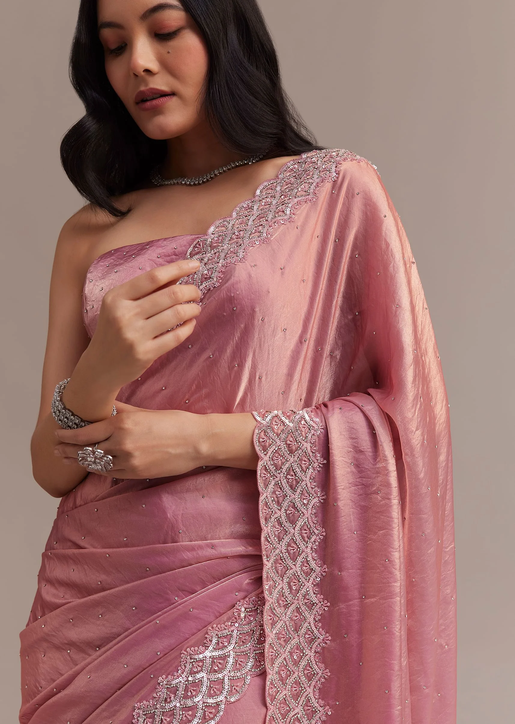Pink Glass Tissue Saree With Sequins And Moti Embroidered Border - Image 5