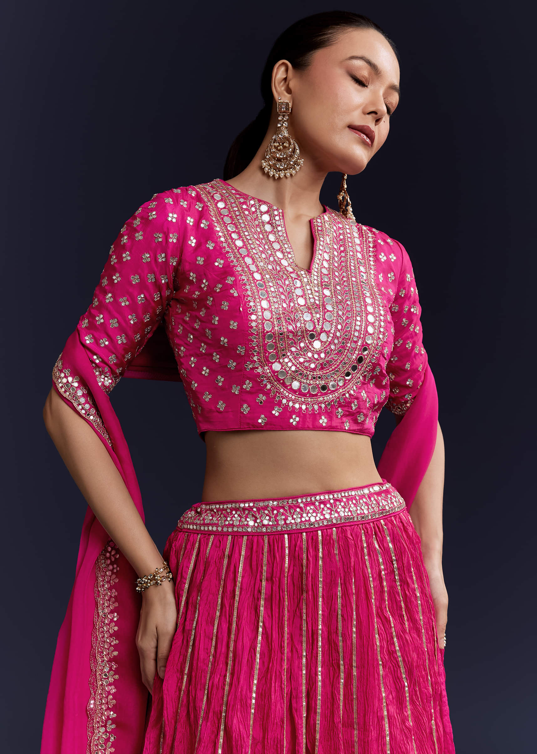 Pink Gota Lace Chinon Silk Bridesmaid Lehenga Set - Image 5