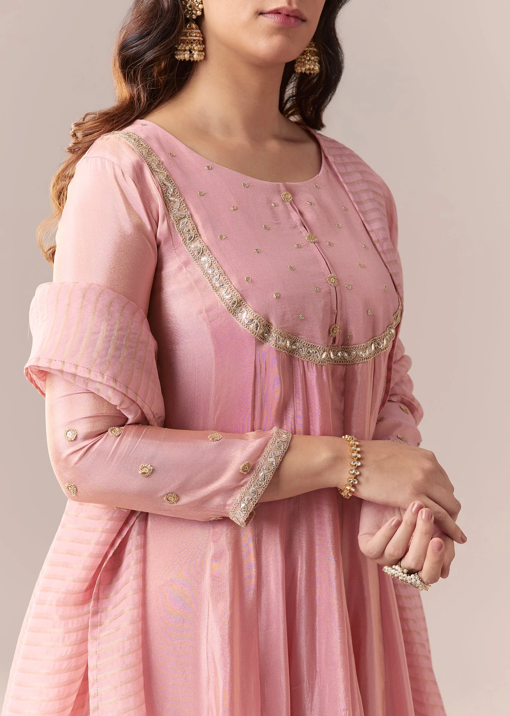Pink Gotta Lace Tissue Anarkali Suit Set With Pant And Dupatta - Image 2