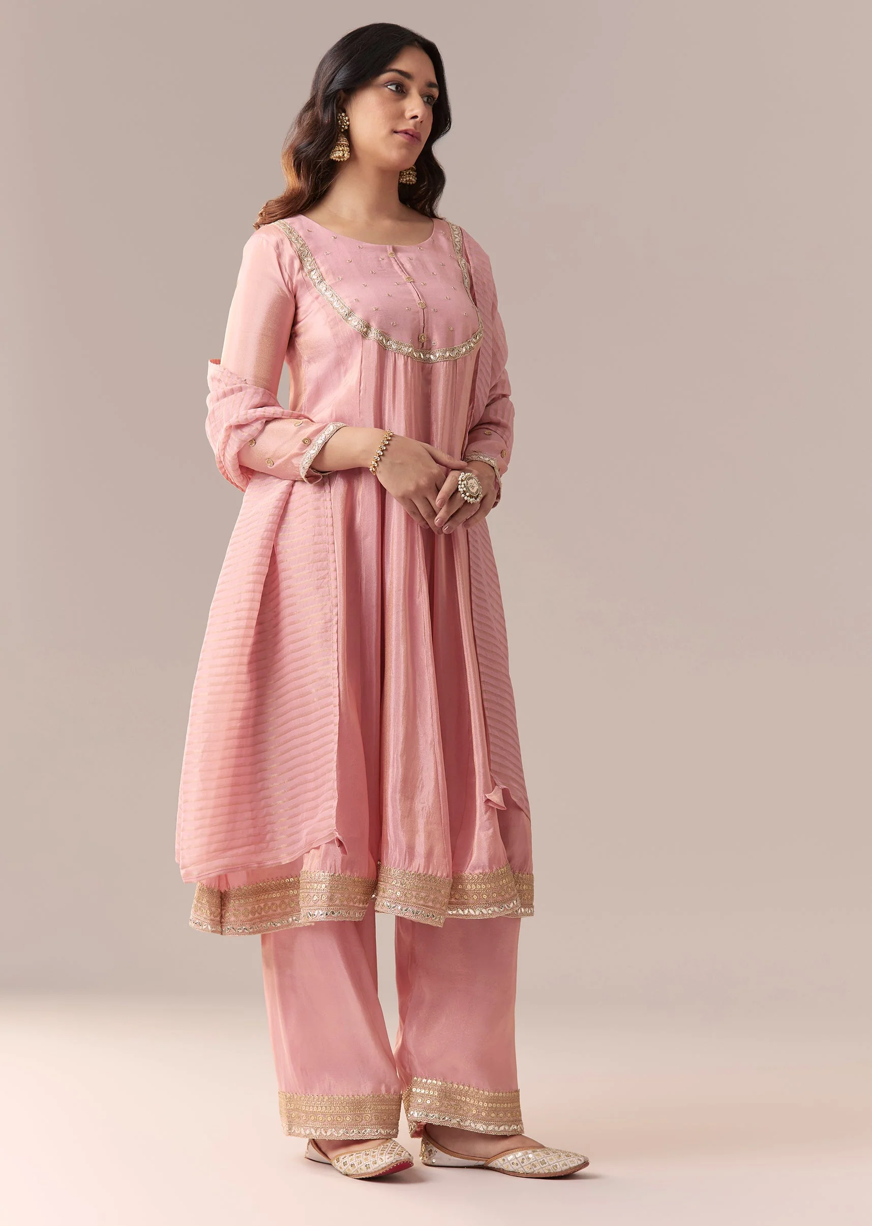 Pink Gotta Lace Tissue Anarkali Suit Set With Pant And Dupatta - Image 3