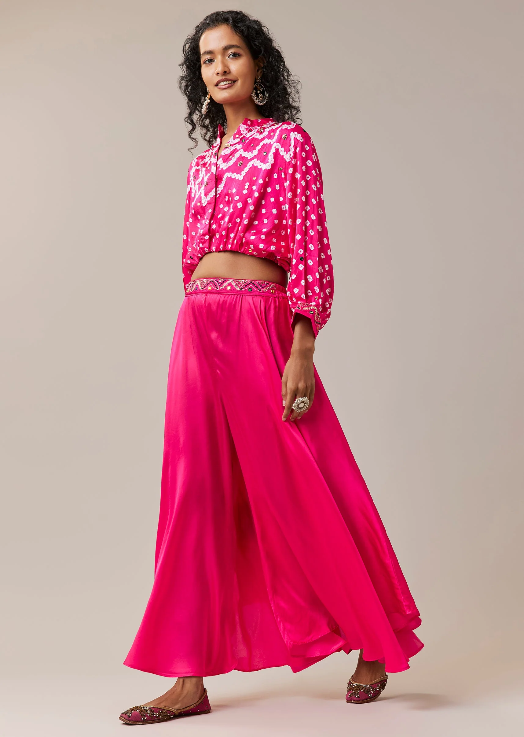 Pink Hand Dyed Bandhani Crop Top and Palazzo Set - Image 3