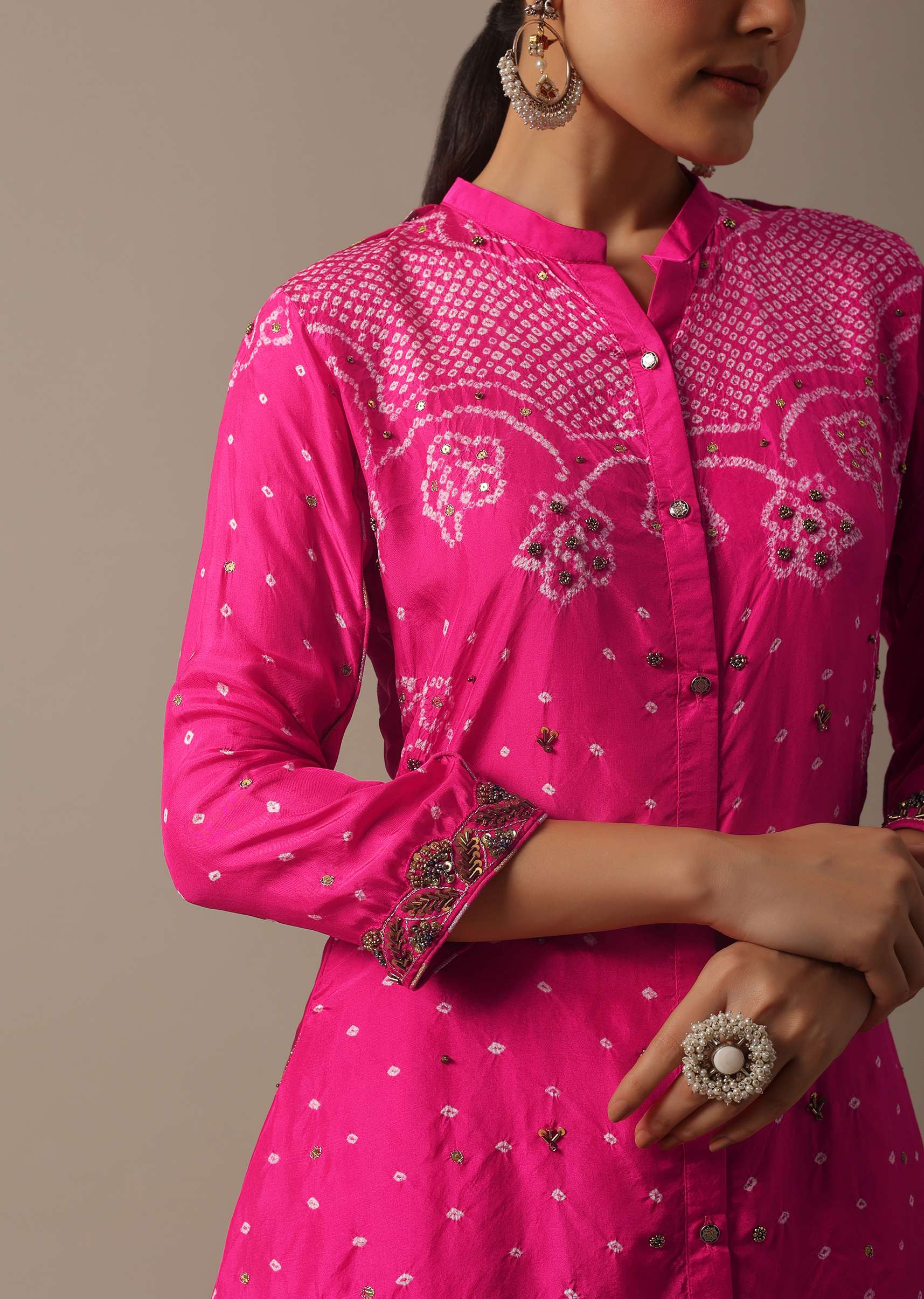 Pink Hand Dyed Bandhani Kurta And Pant Set - Image 5