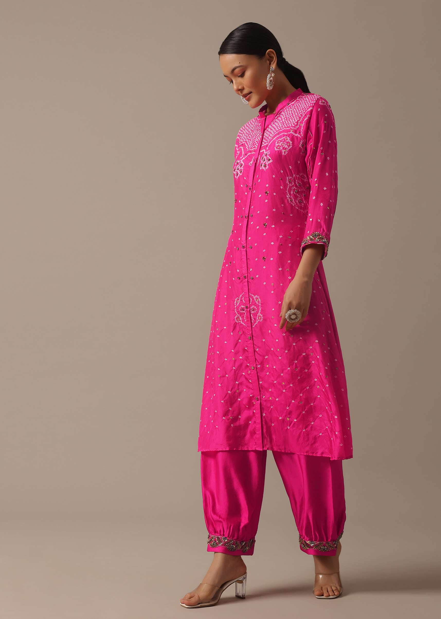 Pink Hand Dyed Bandhani Kurta And Pant Set - Image 6