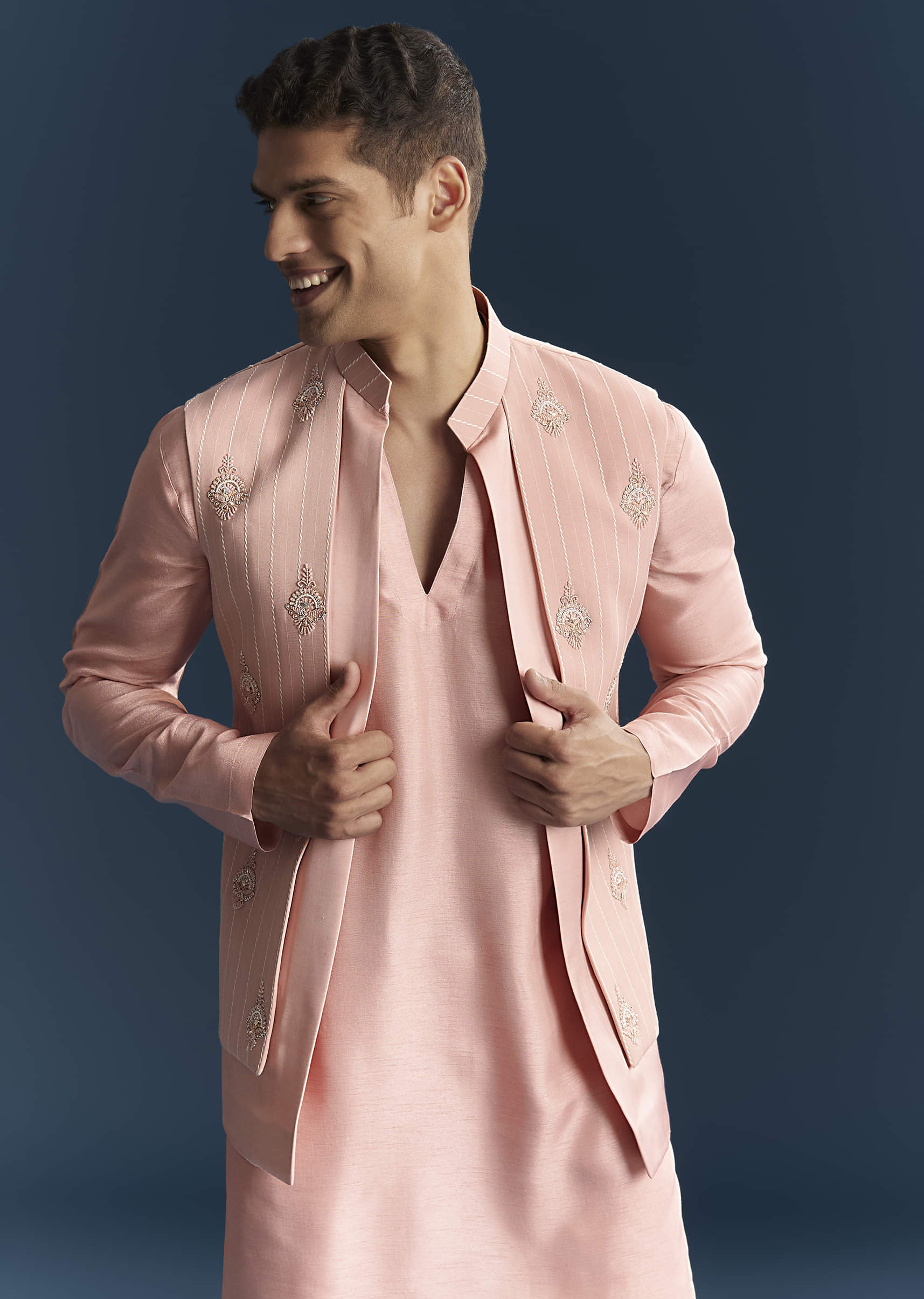 Pink Imported Linen Kurta Jacket Set For Men With Aari Work - Image 4