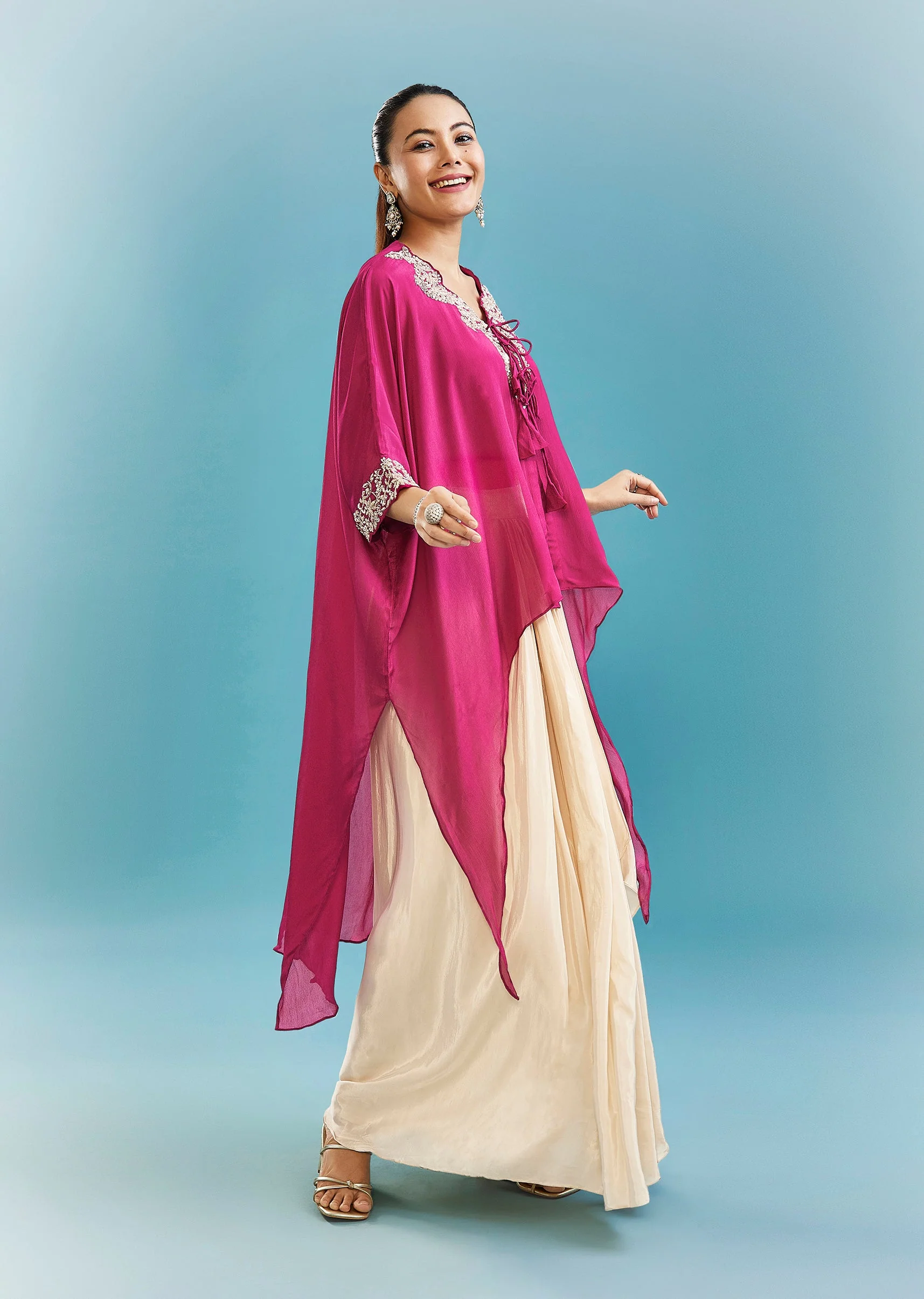 Pink Indo-Western Drape Skirt Set With Cut Dana And Beads Work Cape - Image 3