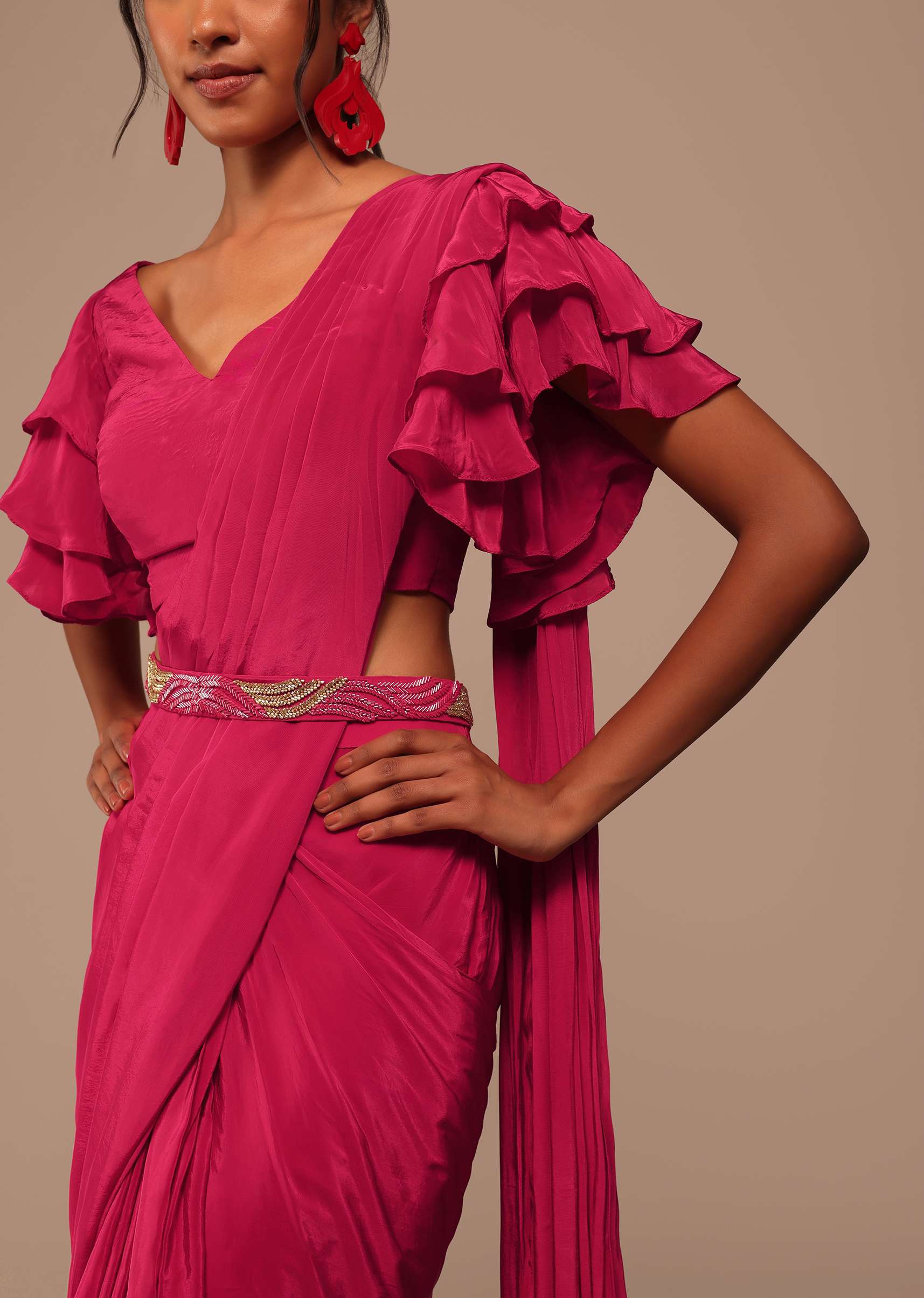 Pink Indo-western Saree And Layered Sleeves Blouse Set In Crepe - Image 4