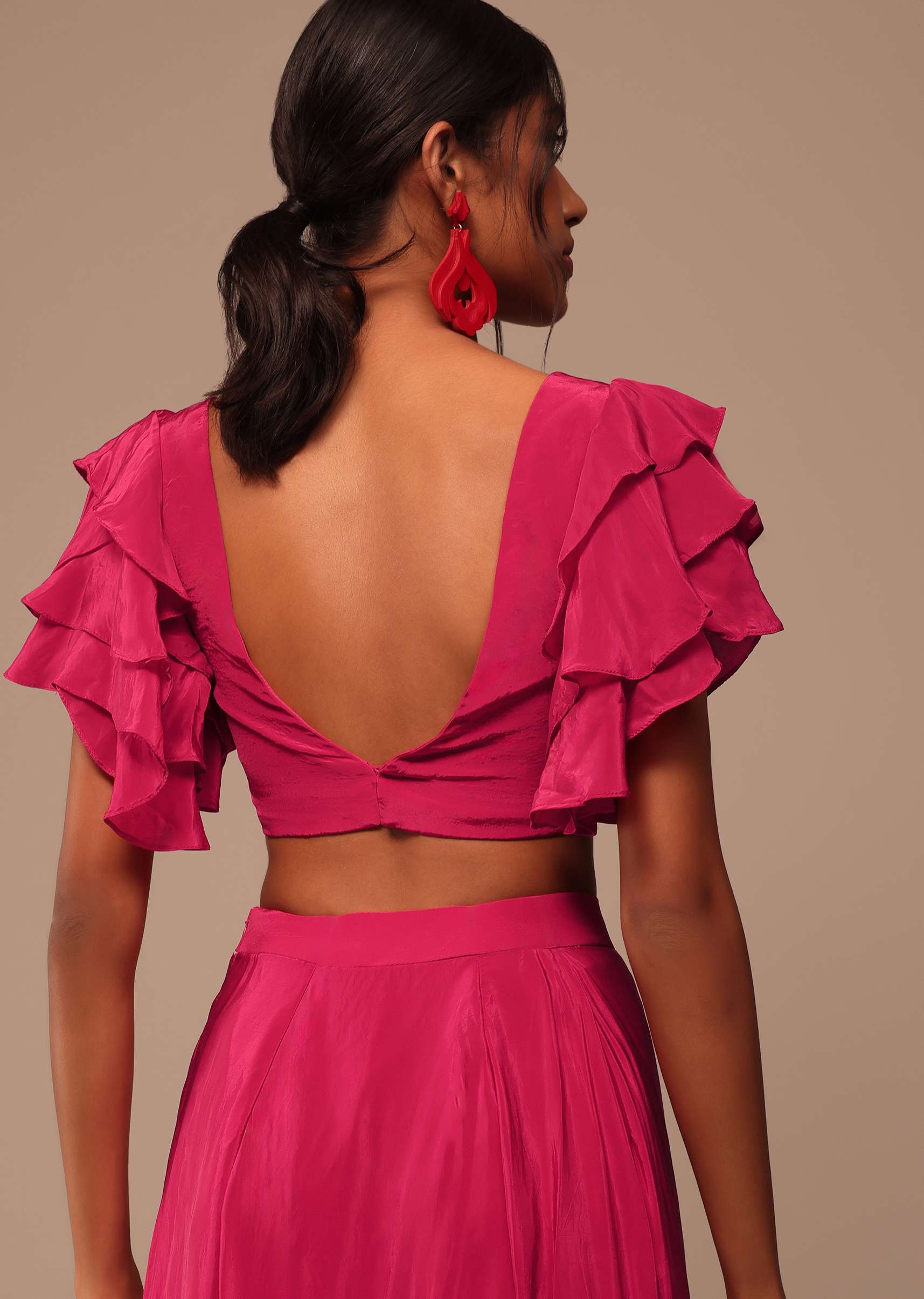 Pink Indo-western Saree And Layered Sleeves Blouse Set In Crepe - Image 7
