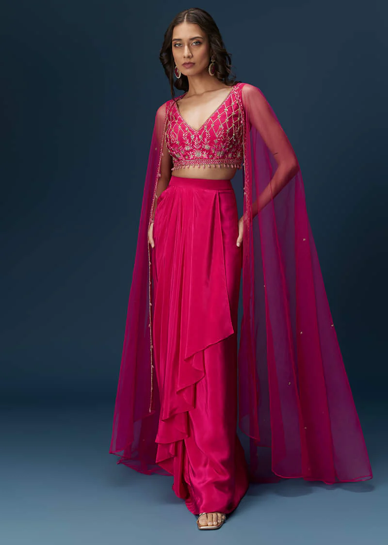Pink Indo Western Skirt Set With Embroidered Blouse And Dupatta