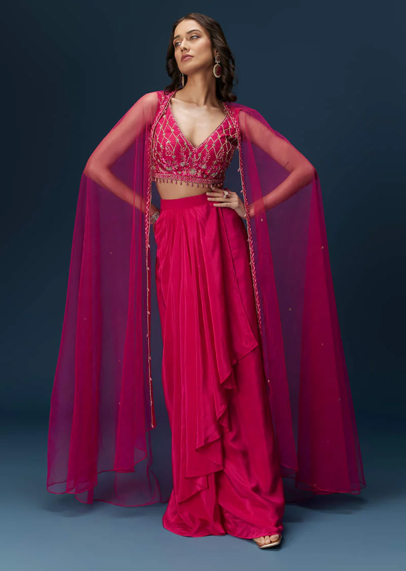 Pink Indo Western Skirt Set With Embroidered Blouse And Dupatta - Image 2