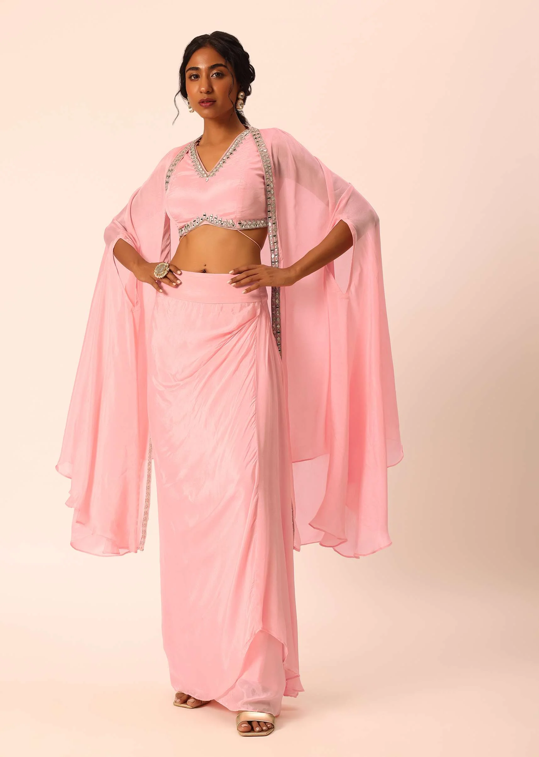Pink Jacket And Dhoti Set With Mirror Work - Image 3